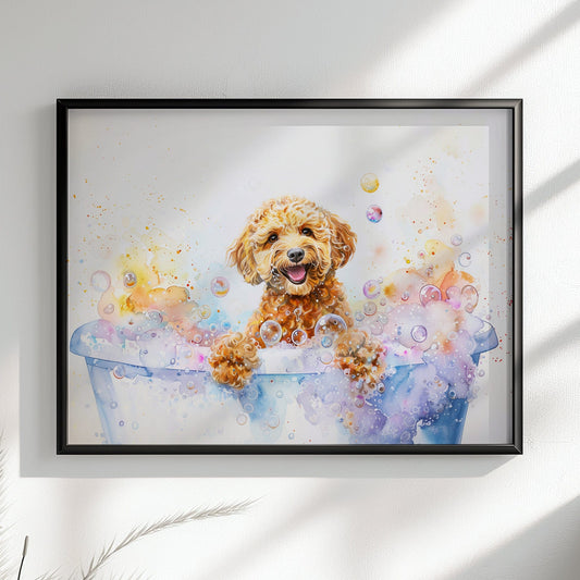 Cockapoo Canvas / Poster Print. Colourful Watercolour Doodle Dog Bathtub Painting Splatter Paint Splash Art, Groomers Wall Decor Gifts - CanvasityCrafts - Free Shipping