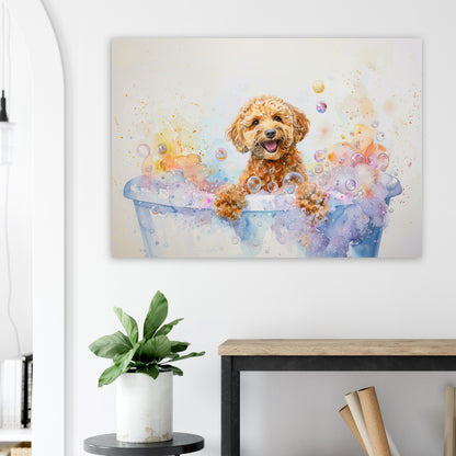 Cockapoo Canvas / Poster Print. Colourful Watercolour Doodle Dog Bathtub Painting Splatter Paint Splash Art, Groomers Wall Decor Gifts - CanvasityCrafts - Free Shipping