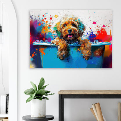 Pop Art Cockapoo Canvas / Poster Print. Colourful Watercolour Doodle Dog Bathtub Painting Splatter Paint Splash Art Groomers Wall Decor Gift - CanvasityCrafts - Free Shipping