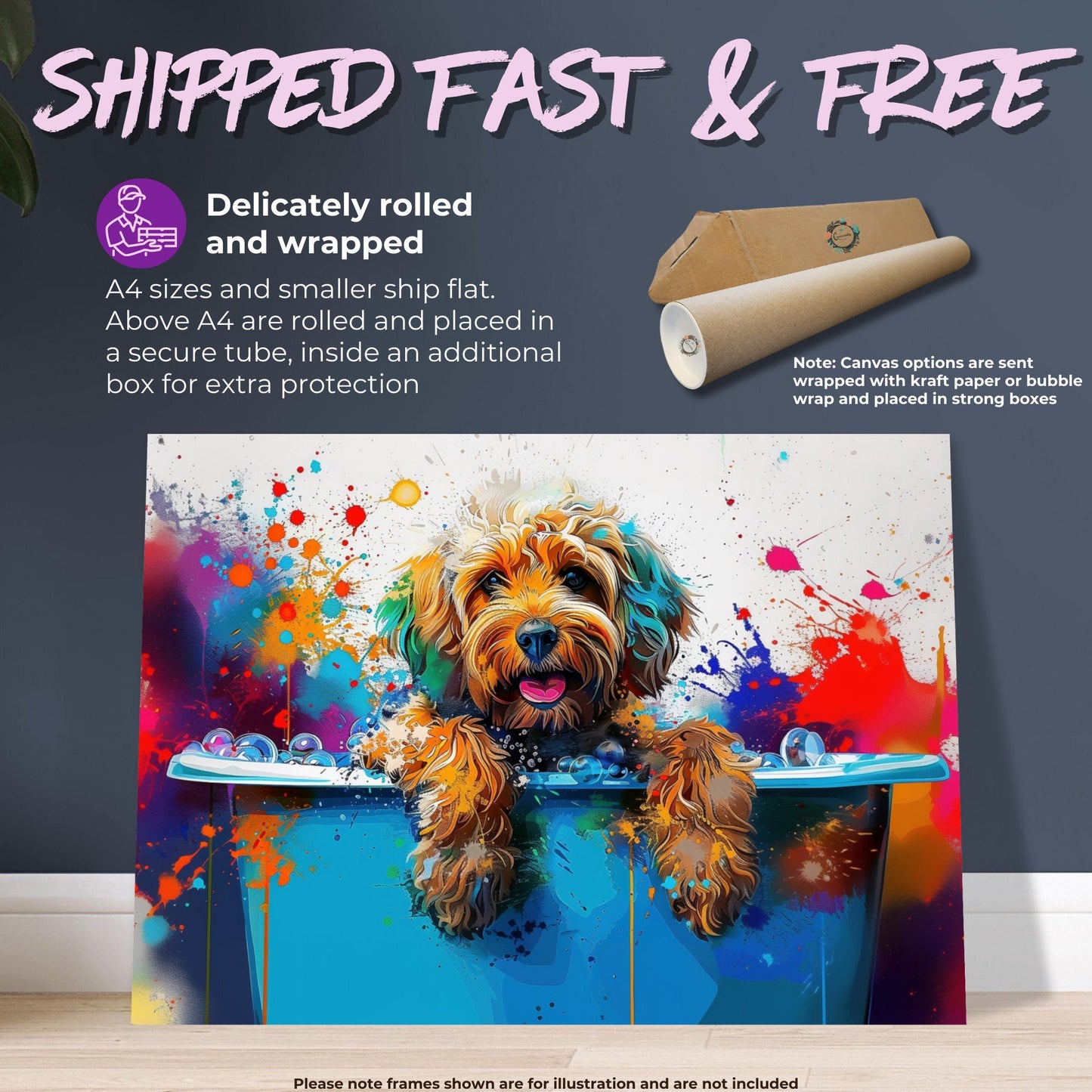 Pop Art Cockapoo Canvas / Poster Print. Colourful Watercolour Doodle Dog Bathtub Painting Splatter Paint Splash Art Groomers Wall Decor Gift - CanvasityCrafts - Free Shipping