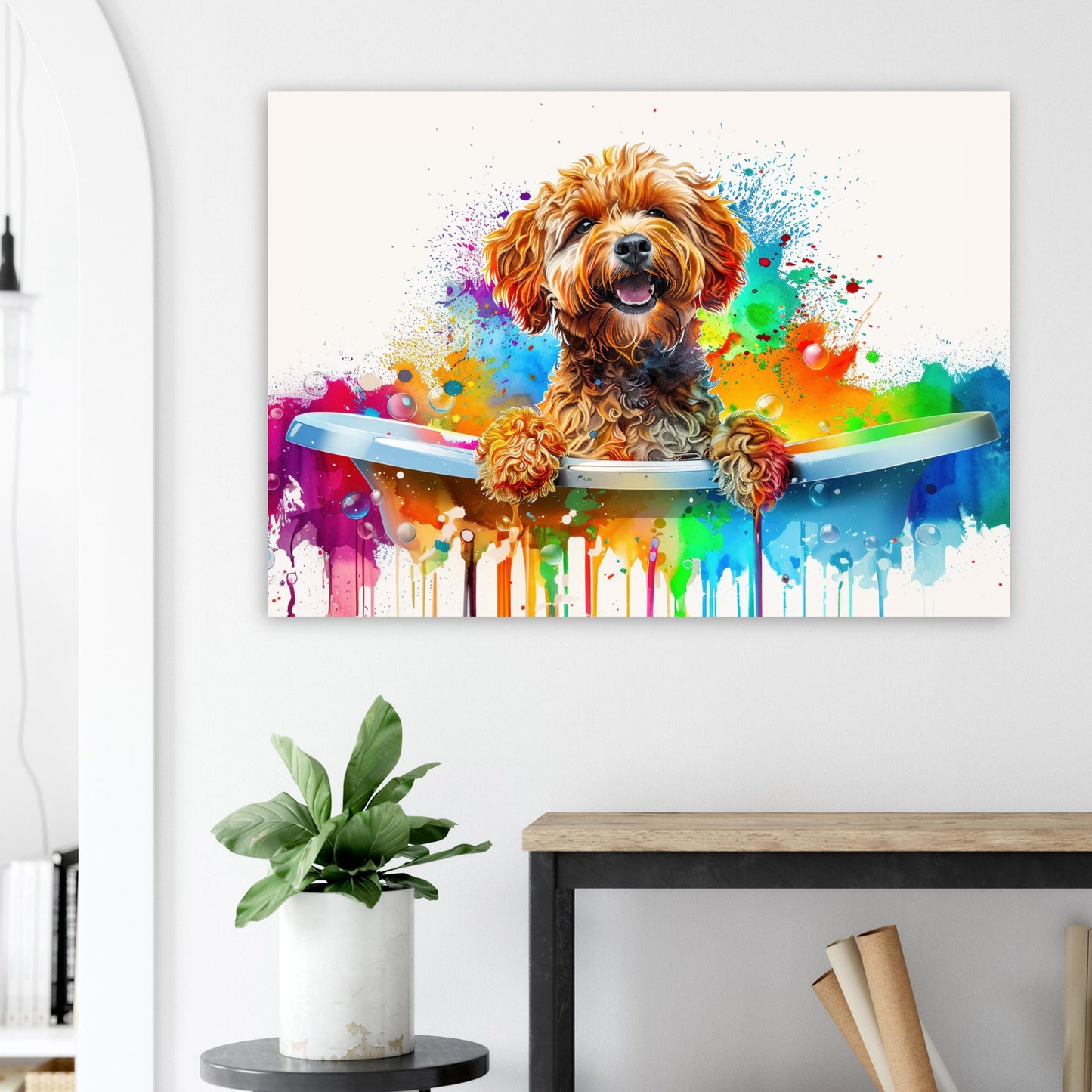 Pop Art Cockapoo Canvas / Poster Print. Colourful Watercolour Doodle Dog Bathtub Painting Splatter Paint Splash Art Groomers Wall Decor Gift - CanvasityCrafts - Free Shipping