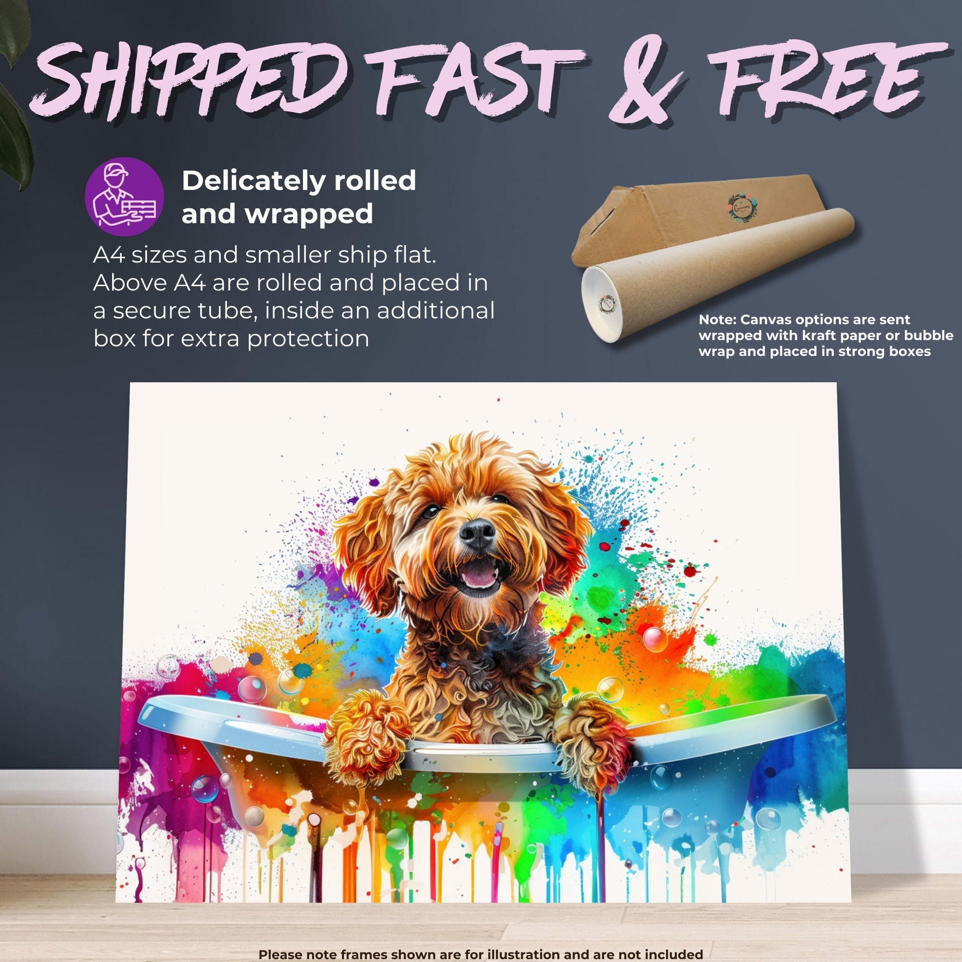 Pop Art Cockapoo Canvas / Poster Print. Colourful Watercolour Doodle Dog Bathtub Painting Splatter Paint Splash Art Groomers Wall Decor Gift - CanvasityCrafts - Free Shipping