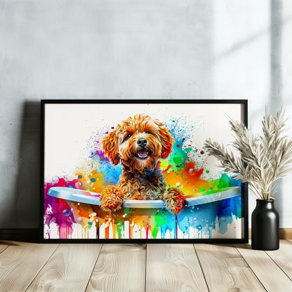 Pop Art Cockapoo Canvas / Poster Print. Colourful Watercolour Doodle Dog Bathtub Painting Splatter Paint Splash Art Groomers Wall Decor Gift - CanvasityCrafts - Free Shipping