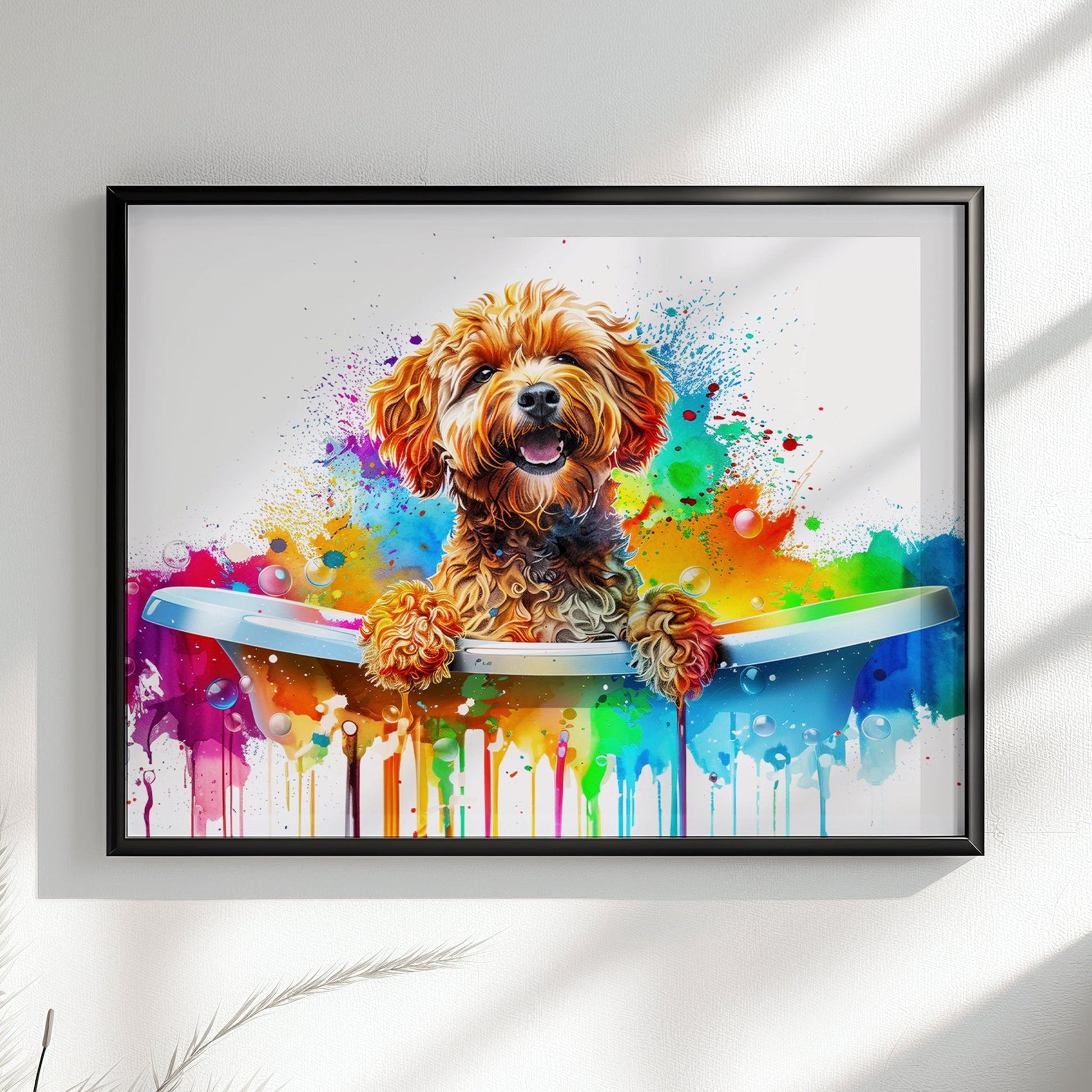 Pop Art Cockapoo Canvas / Poster Print. Colourful Watercolour Doodle Dog Bathtub Painting Splatter Paint Splash Art Groomers Wall Decor Gift - CanvasityCrafts - Free Shipping