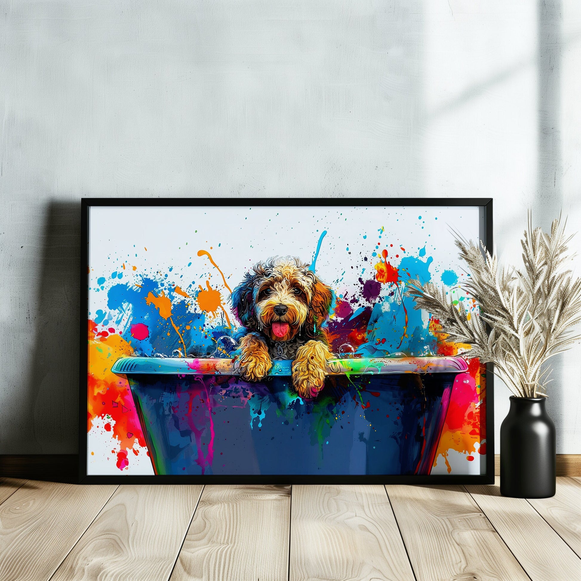 Pop Art Cockapoo Canvas / Poster Print. Colourful Watercolour Doodle Dog Bathtub Painting Splatter Paint Splash Art Groomers Wall Decor Gift - CanvasityCrafts - Free Shipping