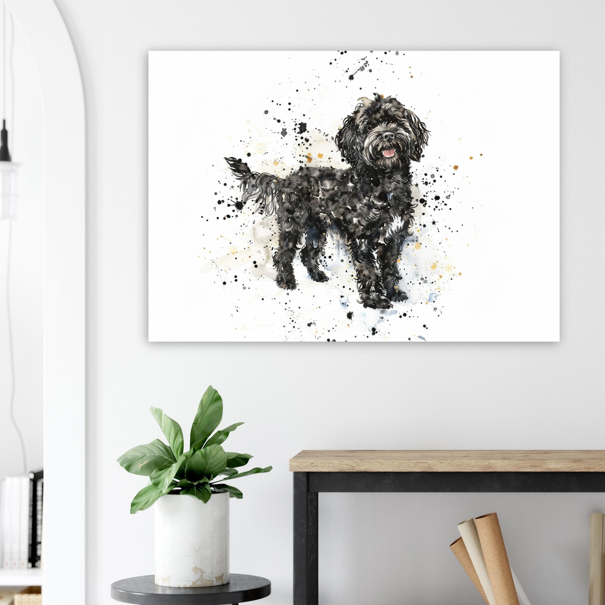 Black Cockapoo Canvas / Poster Print. Colourful Watercolour Happy Doodle Dog Painting Splatter Paint Splash Art, Cavapoo Wall Decor Gift - CanvasityCrafts - Free Shipping