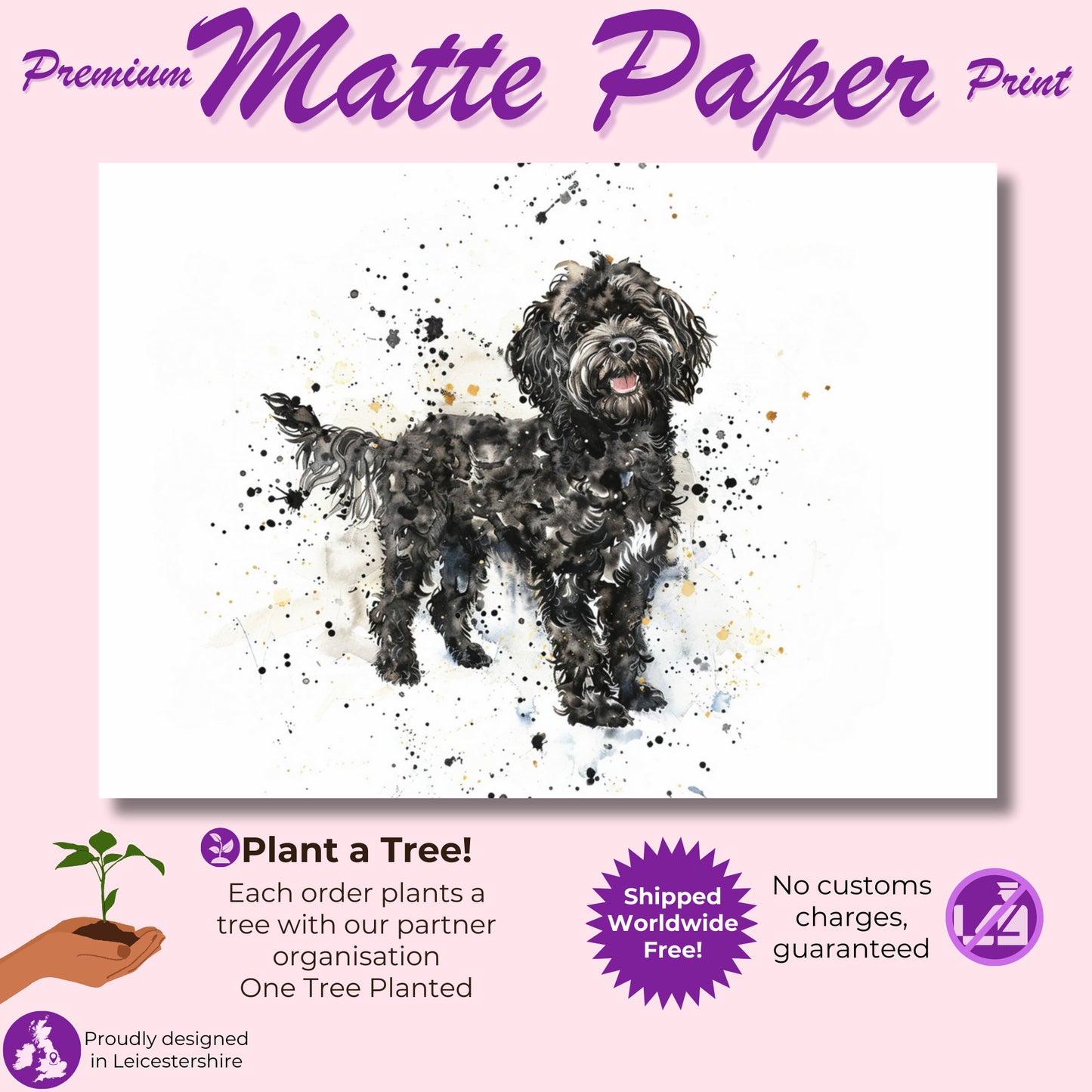 Black Cockapoo Canvas / Poster Print. Colourful Watercolour Happy Doodle Dog Painting Splatter Paint Splash Art, Cavapoo Wall Decor Gift - CanvasityCrafts - Free Shipping