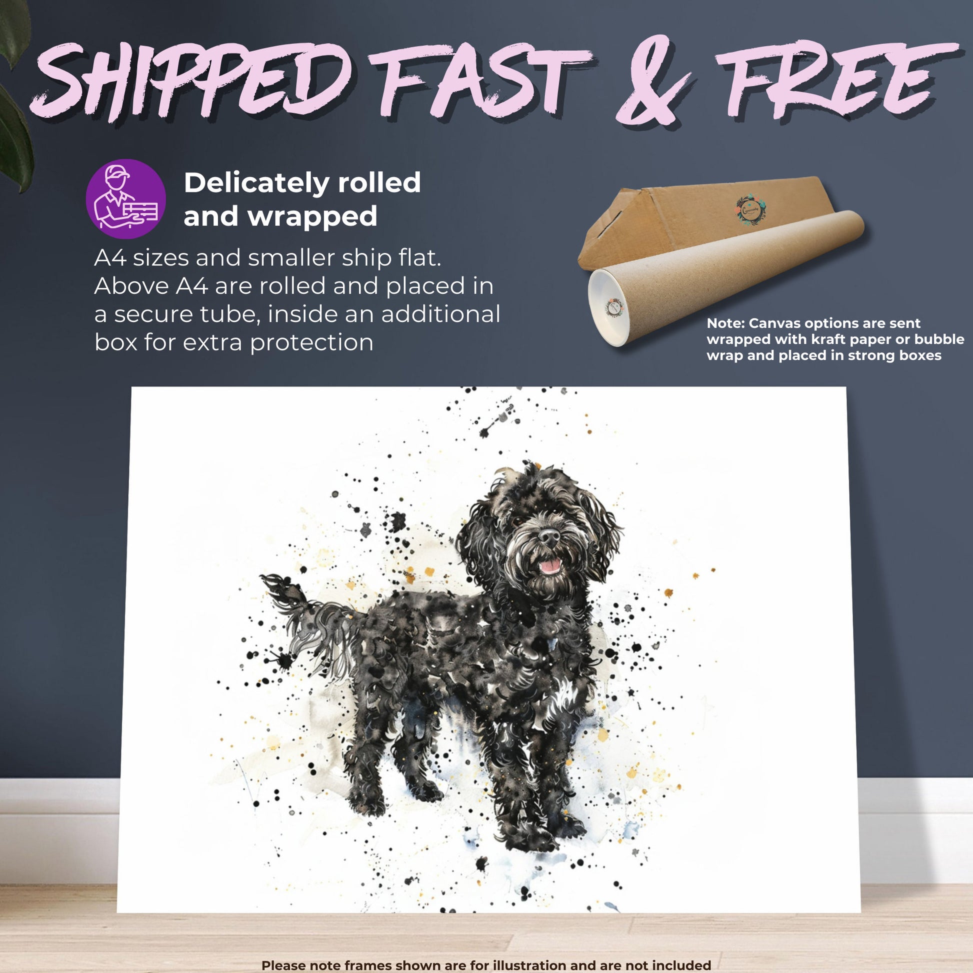 Black Cockapoo Canvas / Poster Print. Colourful Watercolour Happy Doodle Dog Painting Splatter Paint Splash Art, Cavapoo Wall Decor Gift - CanvasityCrafts - Free Shipping