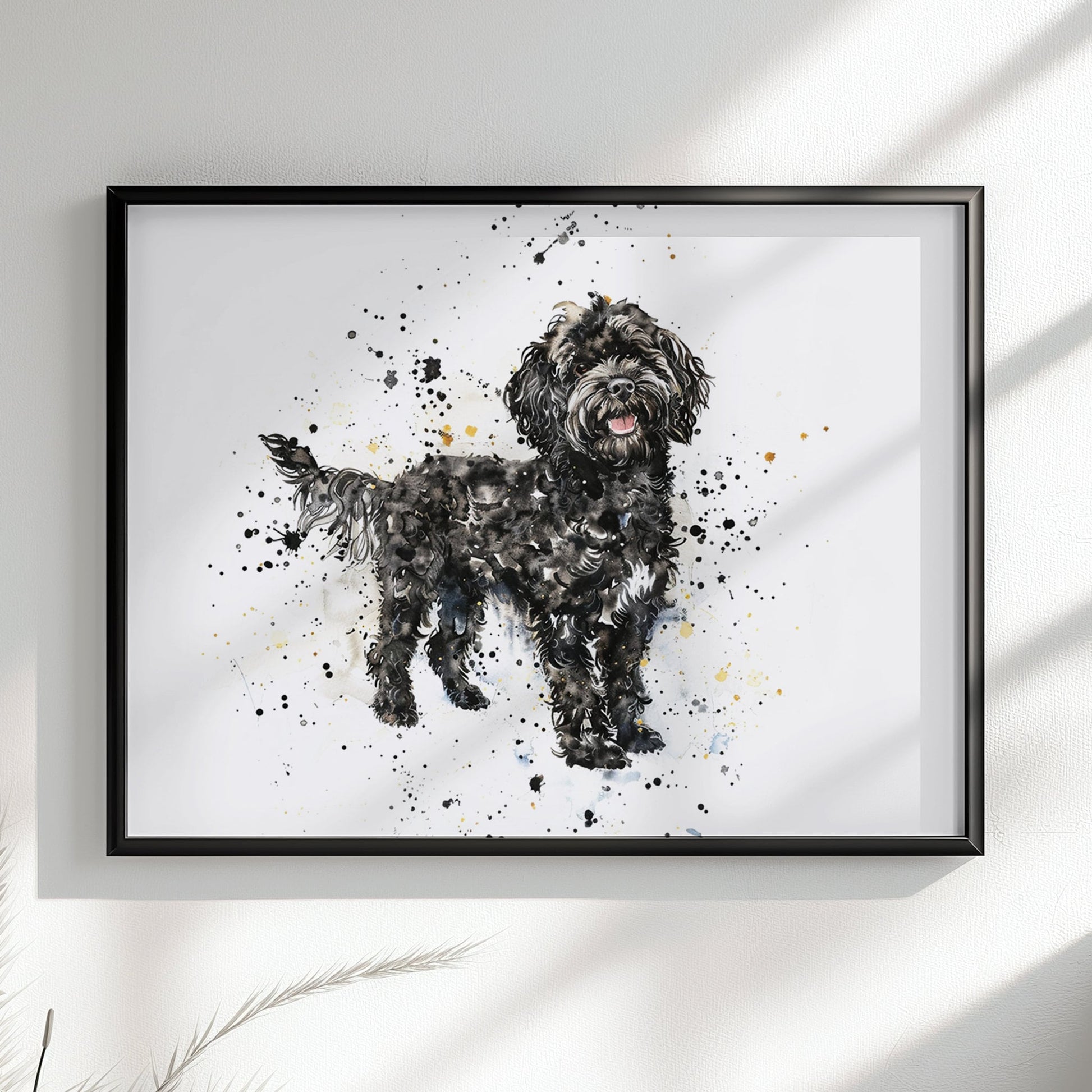 Black Cockapoo Canvas / Poster Print. Colourful Watercolour Happy Doodle Dog Painting Splatter Paint Splash Art, Cavapoo Wall Decor Gift - CanvasityCrafts - Free Shipping