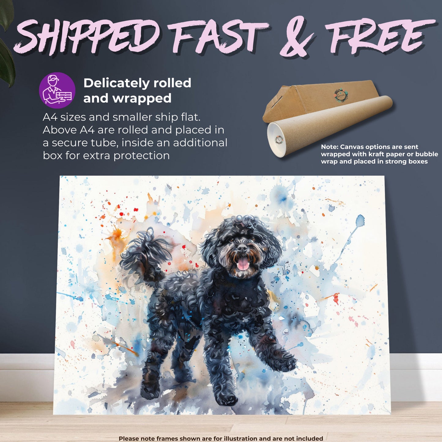 Black Cockapoo Canvas / Poster Print. Colourful Watercolour Happy Doodle Dog Painting Splatter Paint Splash Art, Cavapoo Wall Decor Gift - CanvasityCrafts - Free Shipping