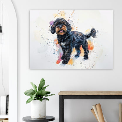 Black Cockapoo Canvas / Poster Print. Colourful Watercolour Happy Doodle Dog Painting Splatter Paint Splash Art, Cavapoo Wall Decor Gift - CanvasityCrafts - Free Shipping