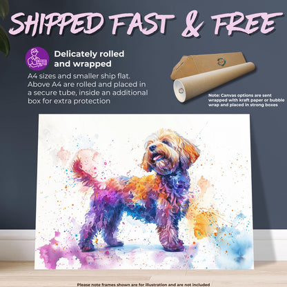 Cute Cockapoo Canvas / Poster Print. Colourful Watercolour Happy Doodle Dog Painting Splatter Paint Splash Art Cream Cavapoo Wall Decor Gift - CanvasityCrafts - Free Shipping