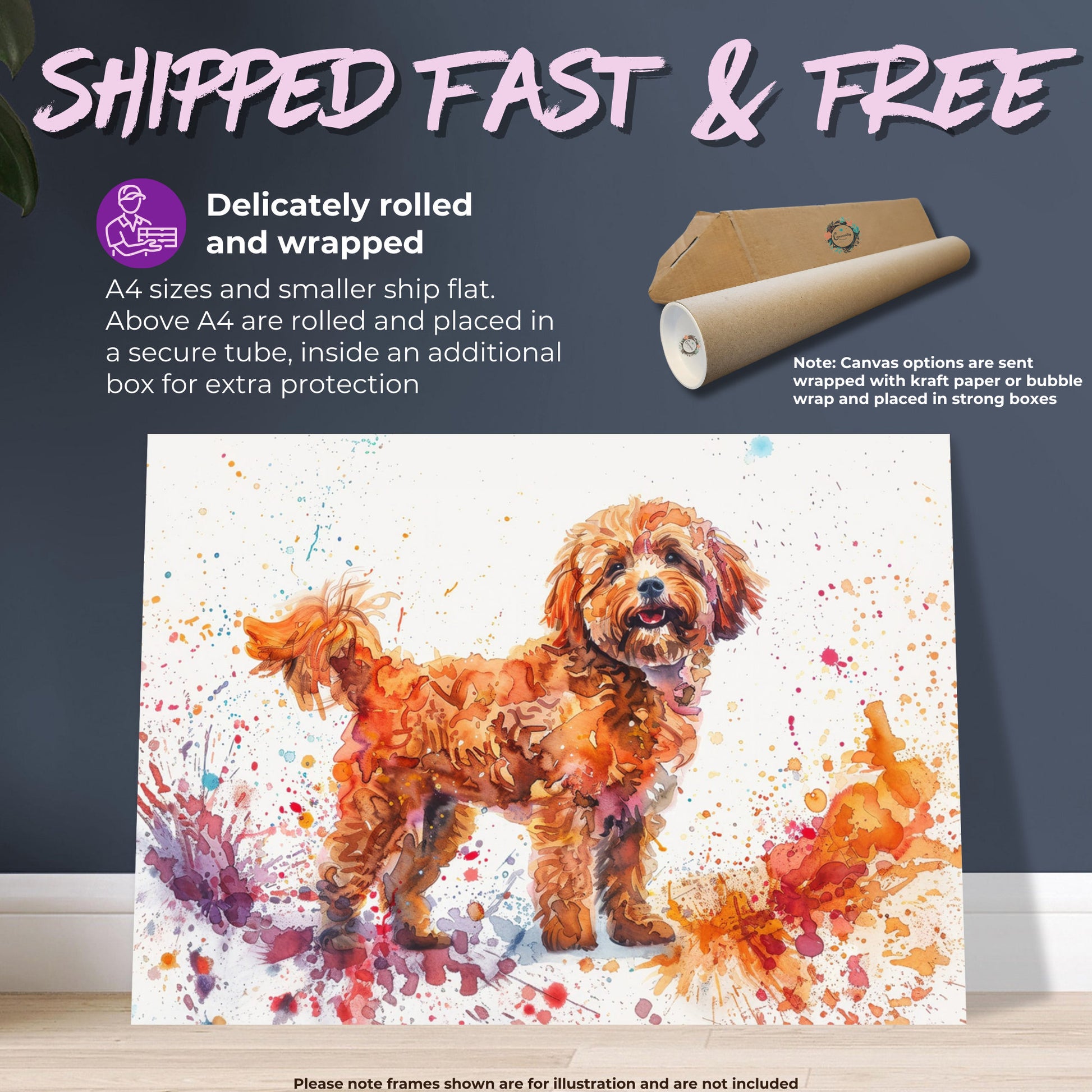 Cute Cockapoo Canvas / Poster Print. Colourful Watercolour Happy Doodle Dog Painting Splatter Paint Splash Art Cream Cavapoo Wall Decor Gift - CanvasityCrafts - Free Shipping