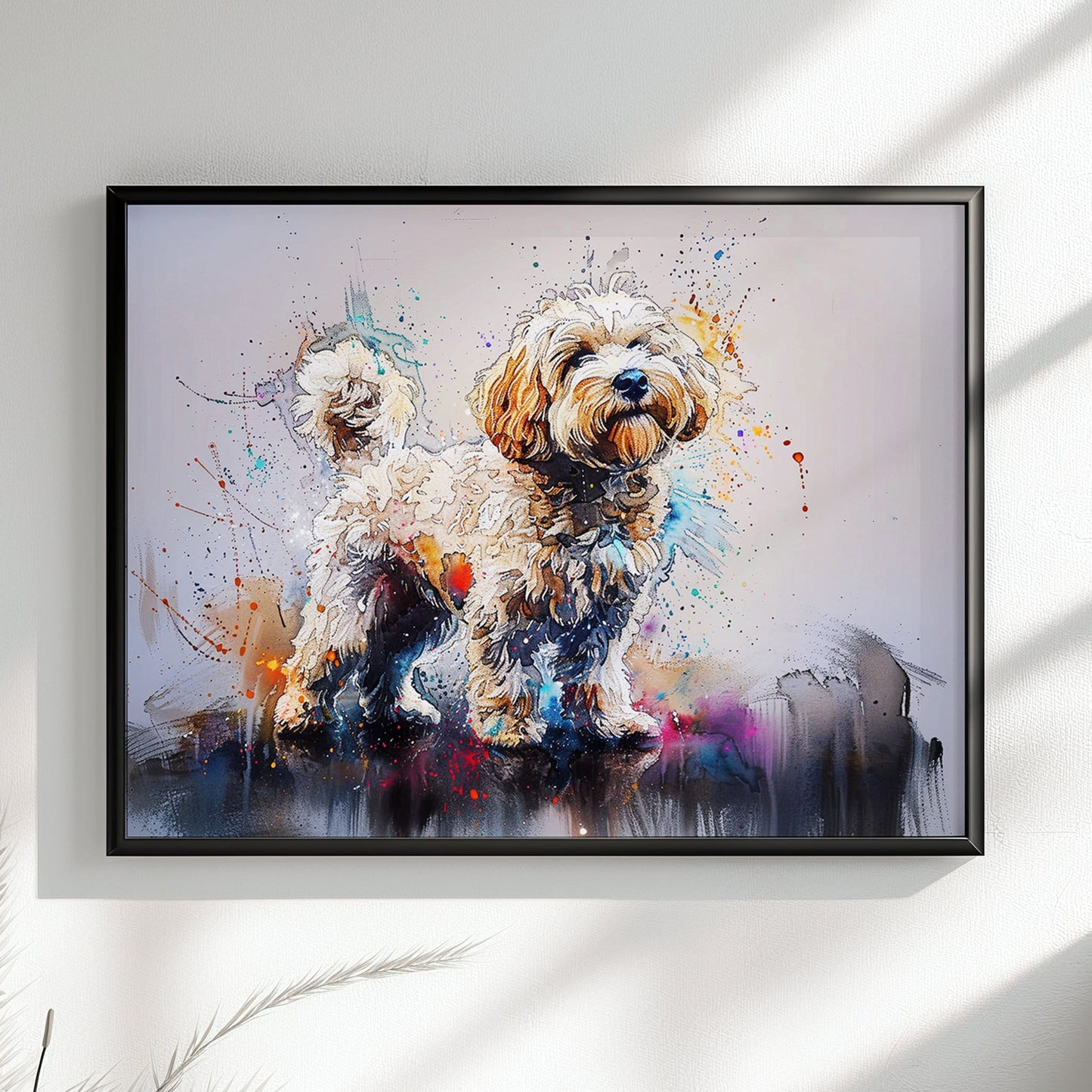 White Cockapoo Canvas / Poster Print. Colorful Watercolour Happy Doodle Dog Painting Splatter Paint Splash Art Cream Cavapoo Wall Decor Gift - CanvasityCrafts - Free Shipping