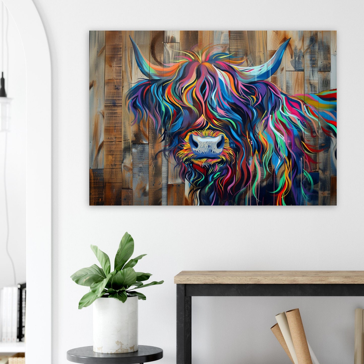 Highland Cow Canvas / Poster Print Wooden Background. Colourful Shaggy Scottish Cow Painting, Multicolour Art, Abstract Wood Wall Decor Gift - CanvasityCrafts - Free Shipping