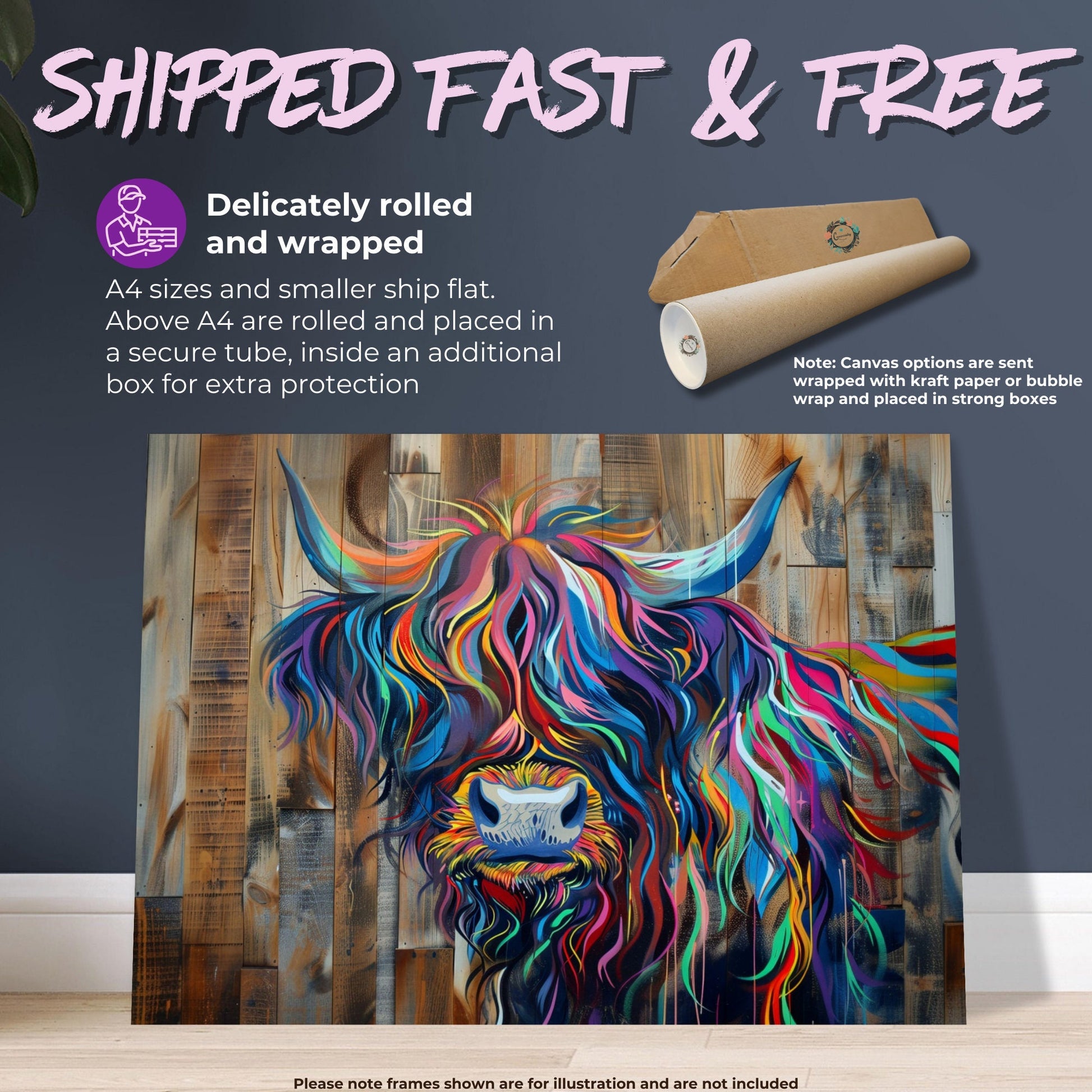 Highland Cow Canvas / Poster Print Wooden Background. Colourful Shaggy Scottish Cow Painting, Multicolour Art, Abstract Wood Wall Decor Gift - CanvasityCrafts - Free Shipping