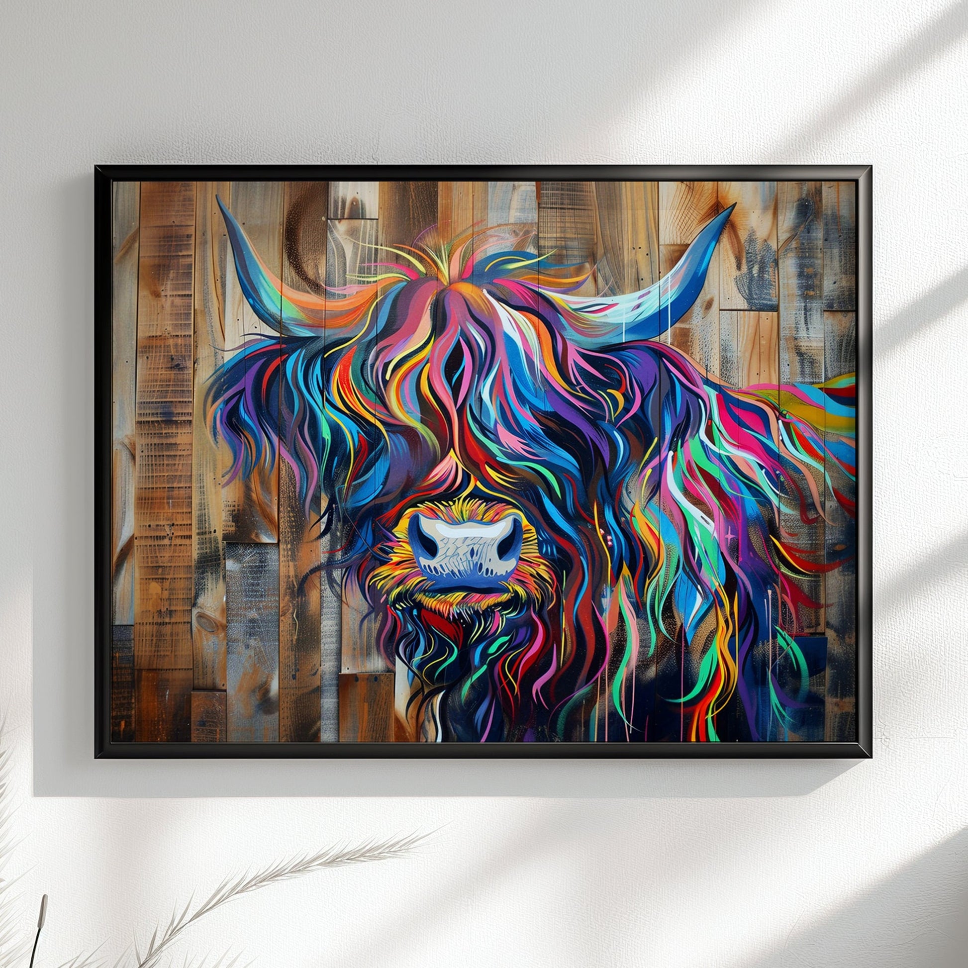 Highland Cow Canvas / Poster Print Wooden Background. Colourful Shaggy Scottish Cow Painting, Multicolour Art, Abstract Wood Wall Decor Gift - CanvasityCrafts - Free Shipping