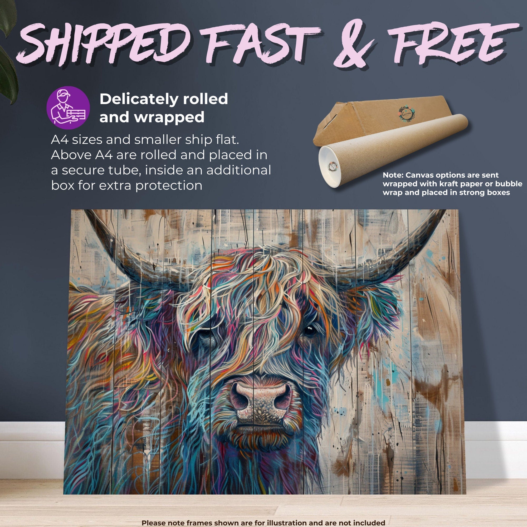 Highland Cow Canvas / Poster Print Wooden Background. Colourful Shaggy Scottish Cow Painting, Multicolour Art, Abstract Wood Wall Decor Gift - CanvasityCrafts - Free Shipping