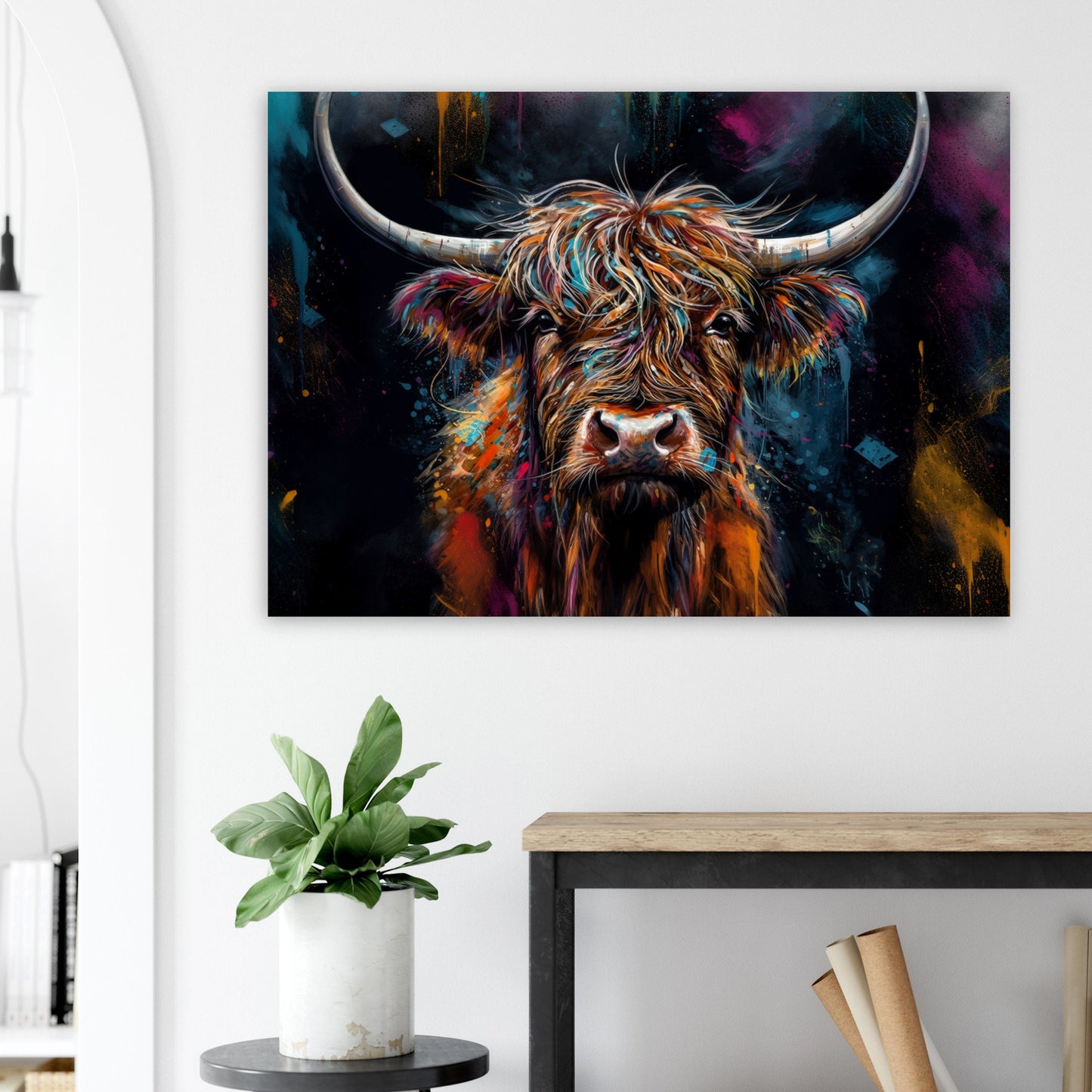 Highland Cow Canvas / Poster Print. Colorful Shaggy Scottish Cow Painting, Colourful Cattle Multicolour Rainbow Art, Unique Wall Decor Gift - CanvasityCrafts - Free Shipping