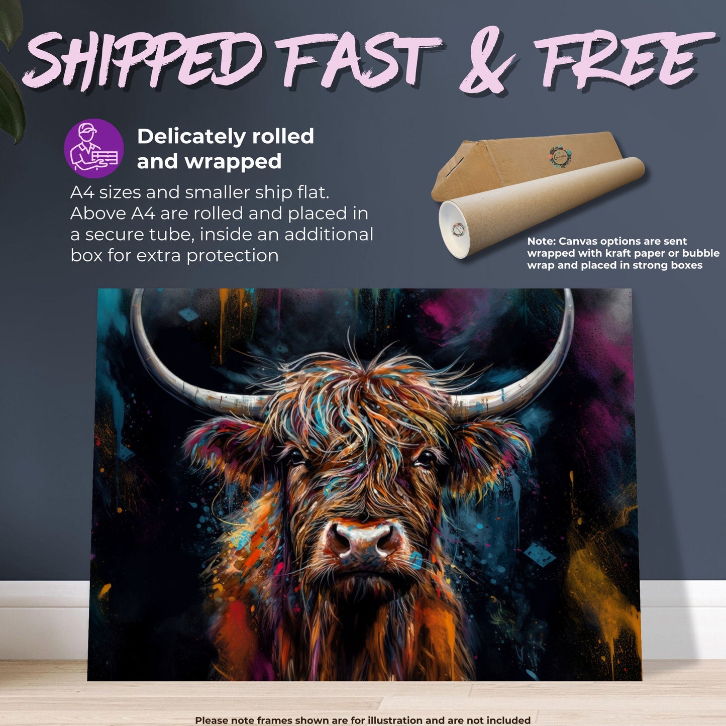 Highland Cow Canvas / Poster Print. Colorful Shaggy Scottish Cow Painting, Colourful Cattle Multicolour Rainbow Art, Unique Wall Decor Gift - CanvasityCrafts - Free Shipping