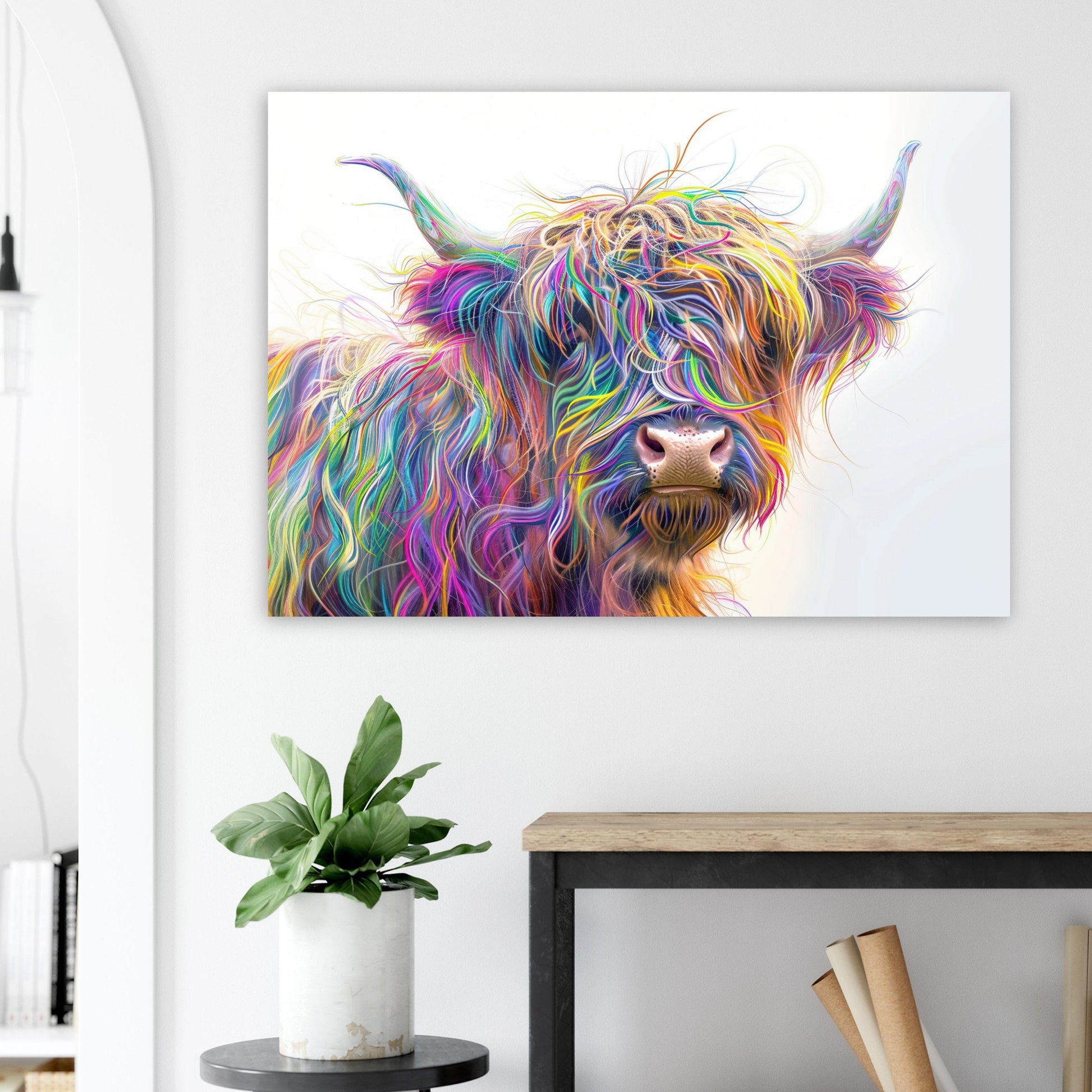 Highland Cow Canvas / Poster Print. Colorful Shaggy Scottish Cow Painting, Neon Colourful Multicolour Rainbow Art, Abstract Wall Decor Gift - CanvasityCrafts - Free Shipping