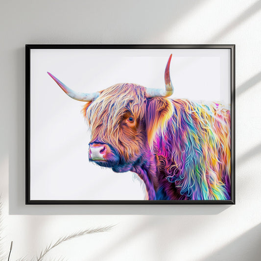 Highland Cow Canvas / Poster Print. Colorful Shaggy Scottish Cow Painting, Neon Colourful Multicolour Rainbow Art, Abstract Wall Decor Gift - CanvasityCrafts - Free Shipping