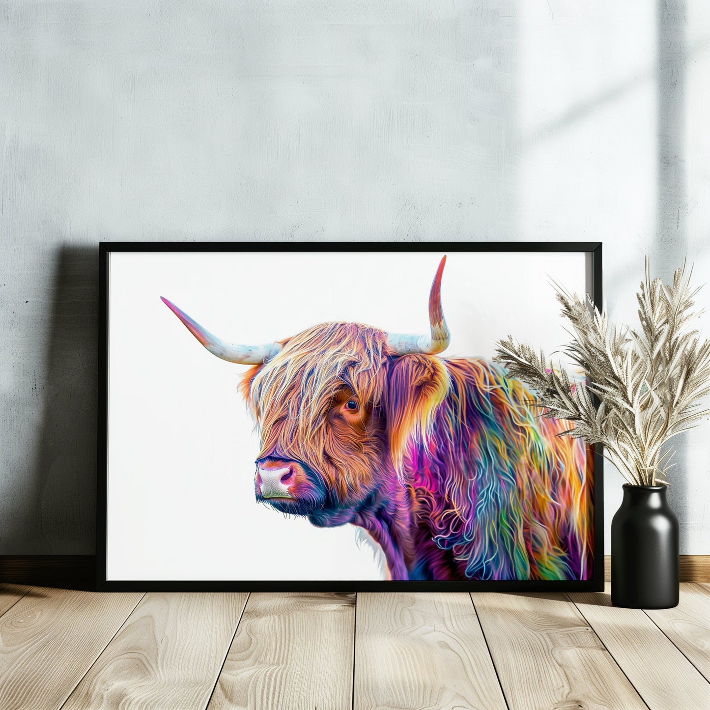 Highland Cow Canvas / Poster Print. Colorful Shaggy Scottish Cow Painting, Neon Colourful Multicolour Rainbow Art, Abstract Wall Decor Gift - CanvasityCrafts - Free Shipping