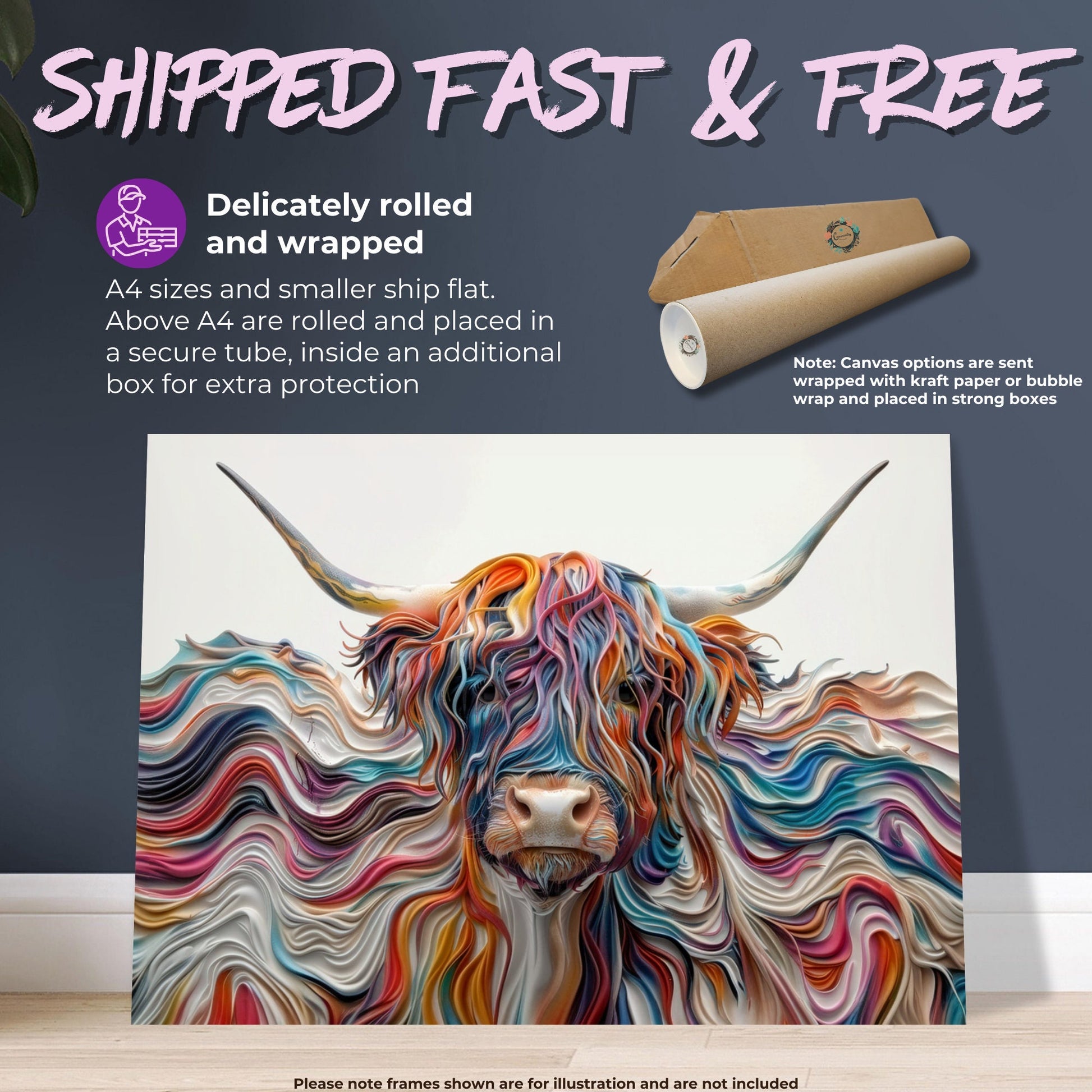 Abstract Highland Cow Canvas / Poster Print. Colorful Shaggy Scottish Cow Painting, Colourful Multicolour Art, 3D Effect Wall Decor Gift - CanvasityCrafts - Free Shipping