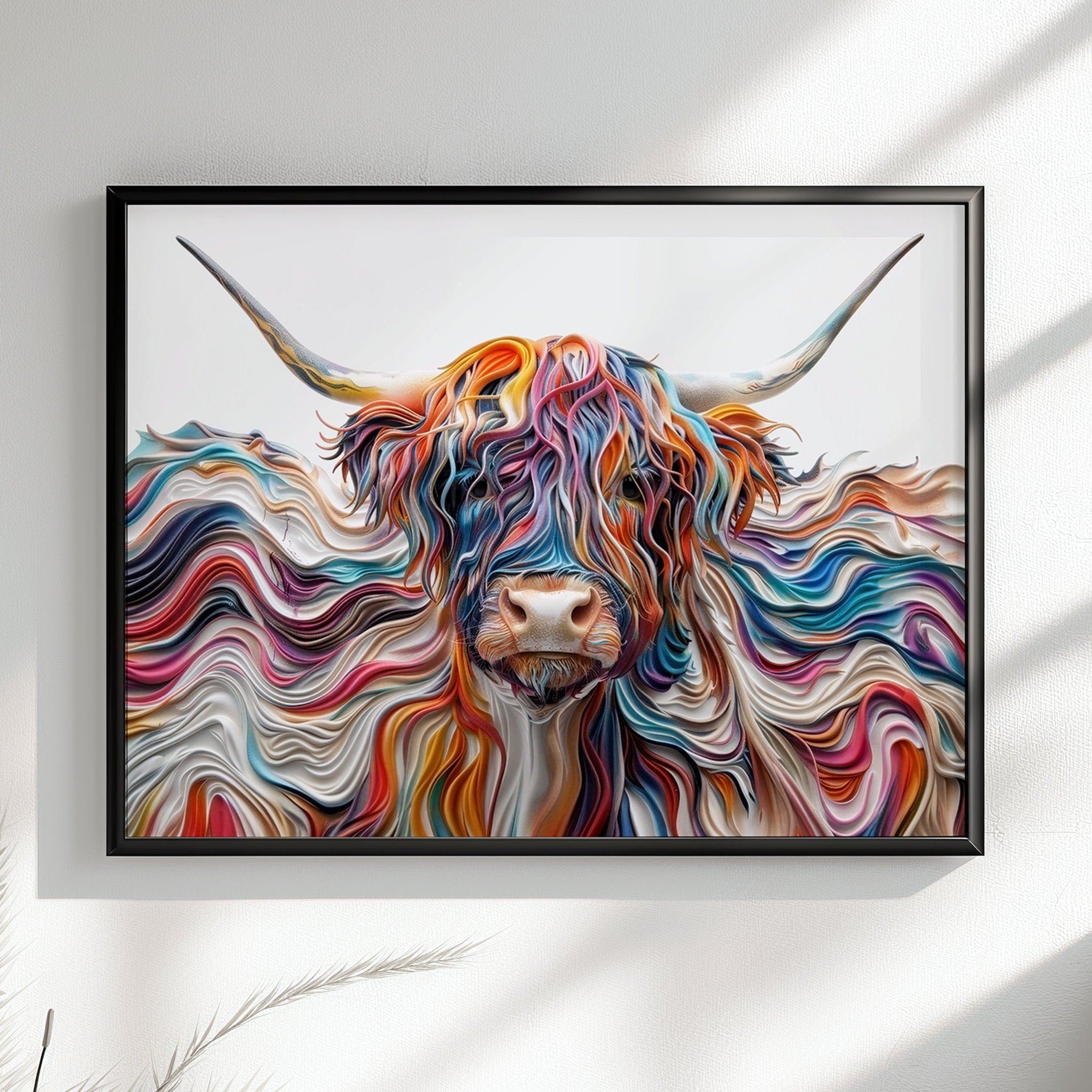 Abstract Highland Cow Canvas / Poster Print. Colorful Shaggy Scottish Cow Painting, Colourful Multicolour Art, 3D Effect Wall Decor Gift - CanvasityCrafts - Free Shipping