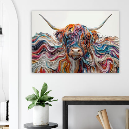 Abstract Highland Cow Canvas / Poster Print. Colorful Shaggy Scottish Cow Painting, Colourful Multicolour Art, 3D Effect Wall Decor Gift - CanvasityCrafts - Free Shipping