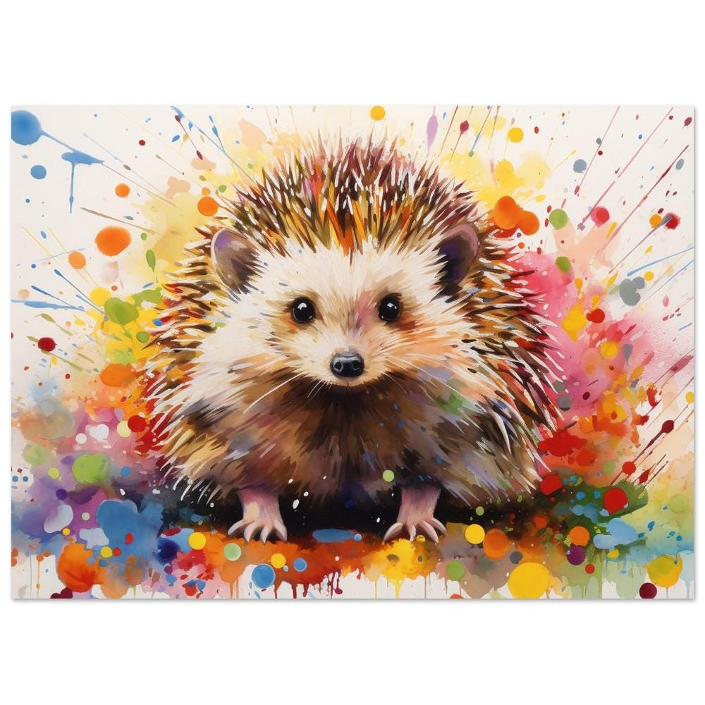 Happy Hedgehog Cute Print Square / Landscape. Colorful Poster Gift, Woodland Critter Painting, Colourful garden creatures wall art - CanvasityCrafts - Free Shipping