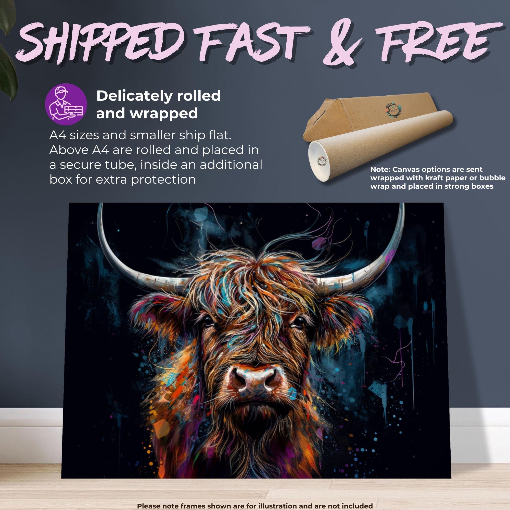 Highland Cow Canvas / Poster Print. Colorful Shaggy Scottish Cow Painting, Colourful Multicolour Art, Unique Wall Decor Gift - CanvasityCrafts - Free Shipping