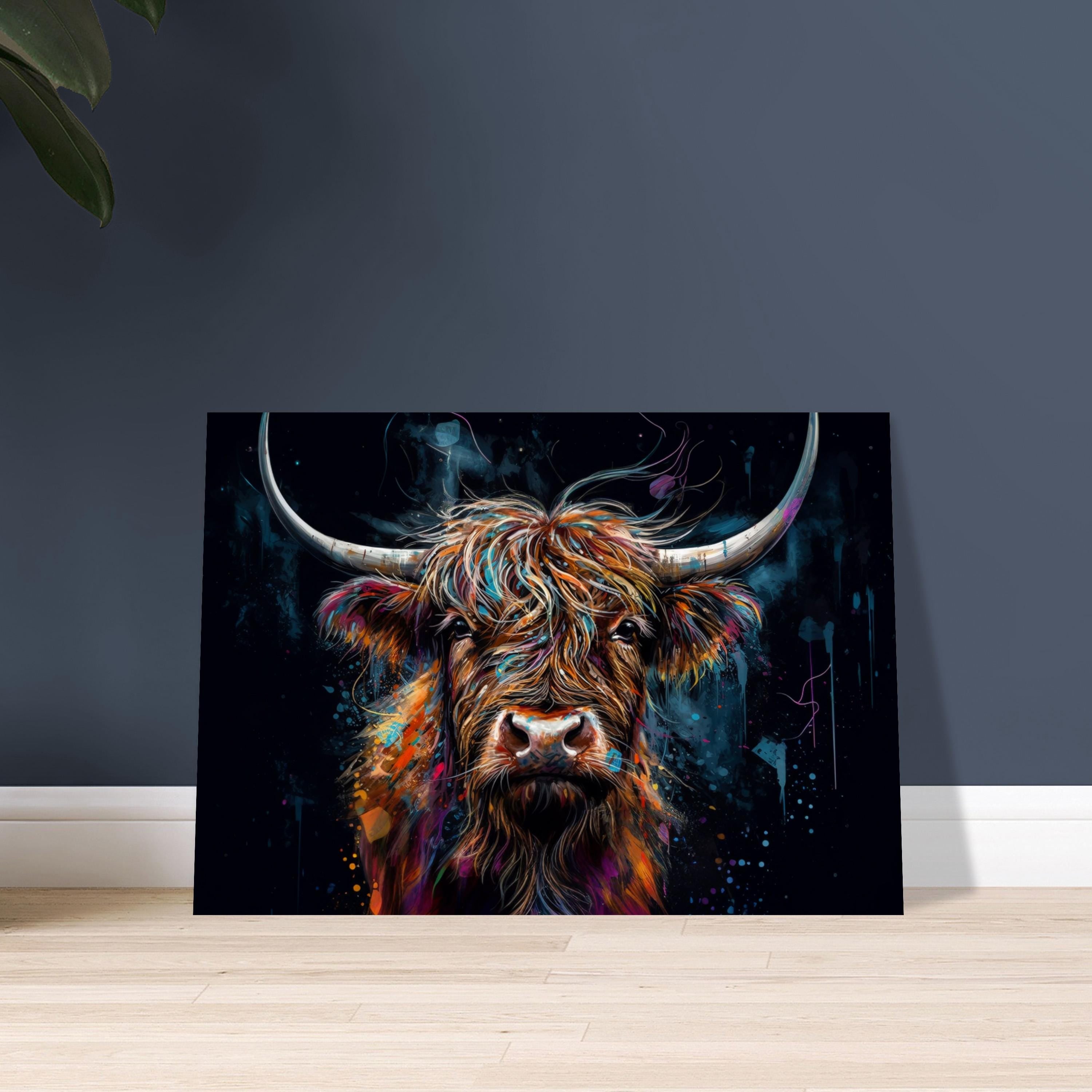 Highland Cow Canvas / Poster Print. Colorful Shaggy Scottish Cow Painting, Colourful Multicolour Art, Unique Wall Decor Gift - CanvasityCrafts - Free Shipping