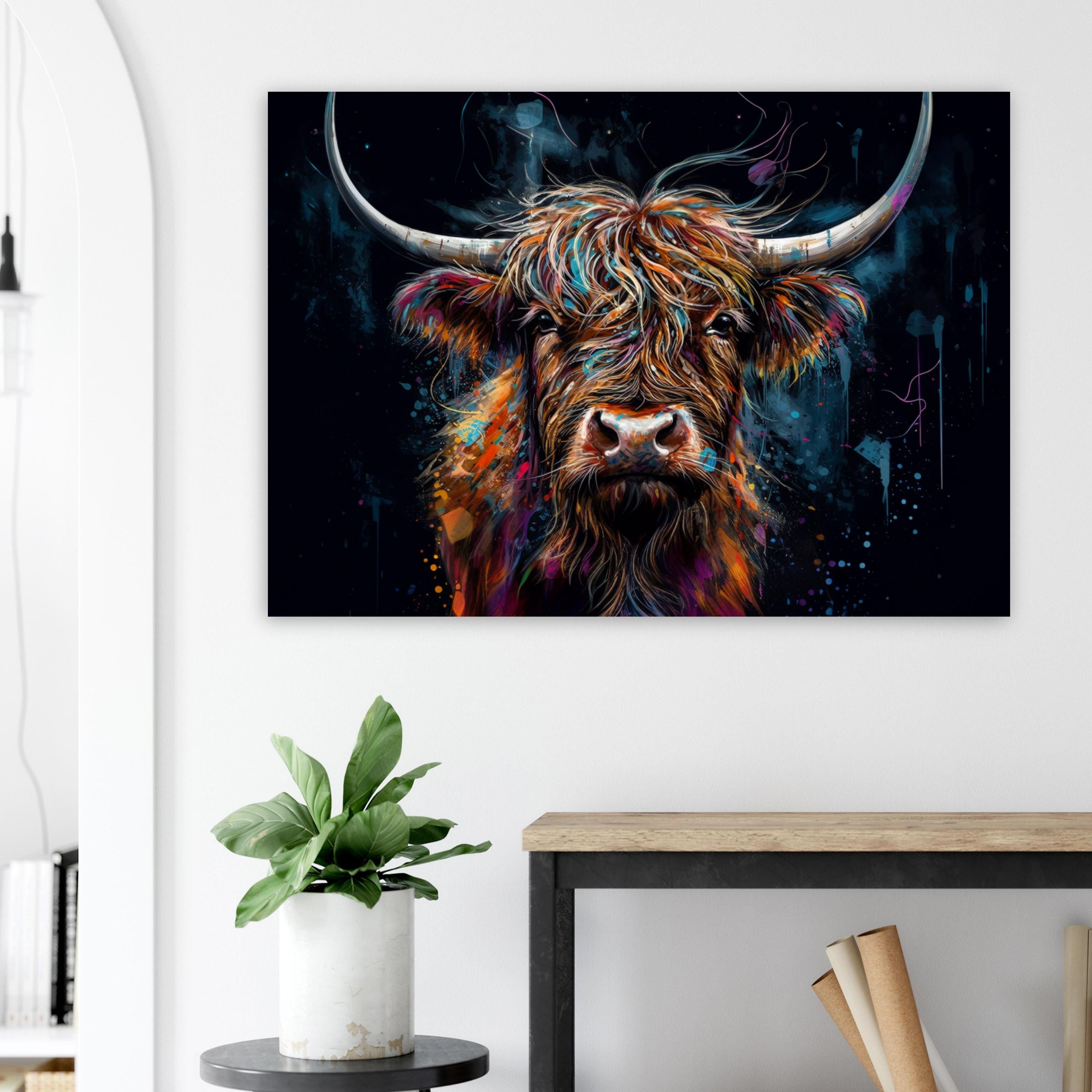 Highland Cow Canvas / Poster Print. Colorful Shaggy Scottish Cow Painting, Colourful Multicolour Art, Unique Wall Decor Gift - CanvasityCrafts - Free Shipping