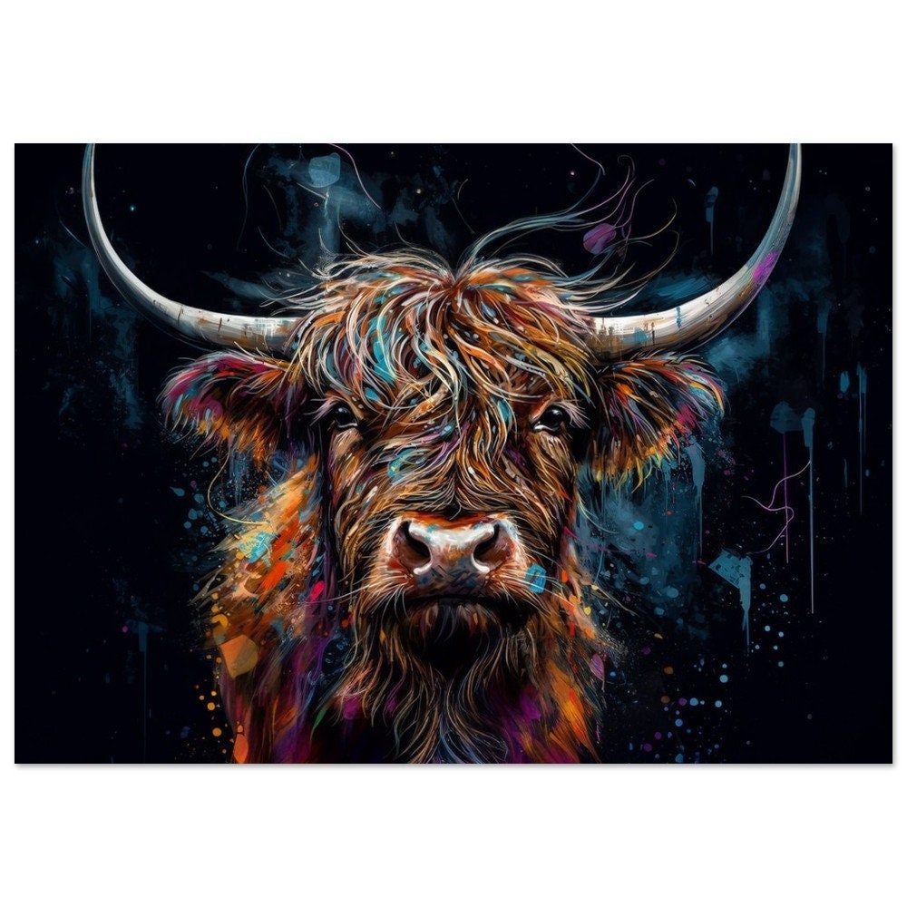 Highland Cow Canvas / Poster Print. Colorful Shaggy Scottish Cow Painting, Colourful Multicolour Art, Unique Wall Decor Gift - CanvasityCrafts - Free Shipping