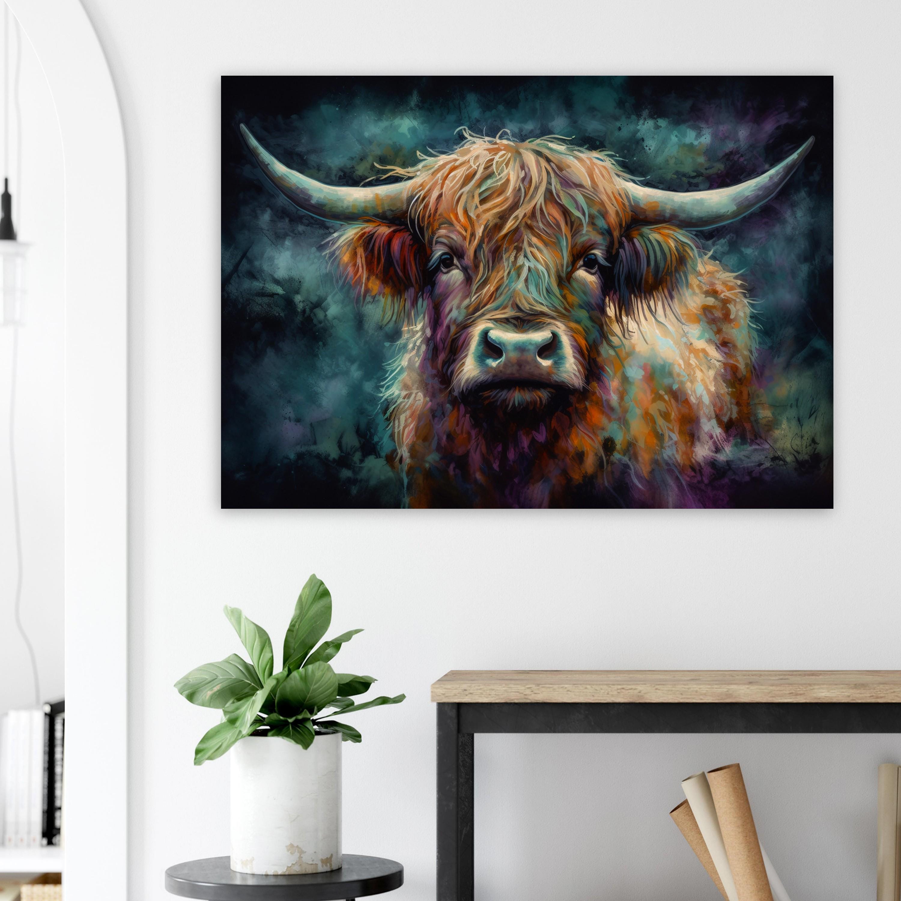 Highland Cow Canvas / Poster Print. Colorful Shaggy Scottish Cow Painting, Colourful Multicolour Art, Unique Wall Decor Gift - CanvasityCrafts - Free Shipping