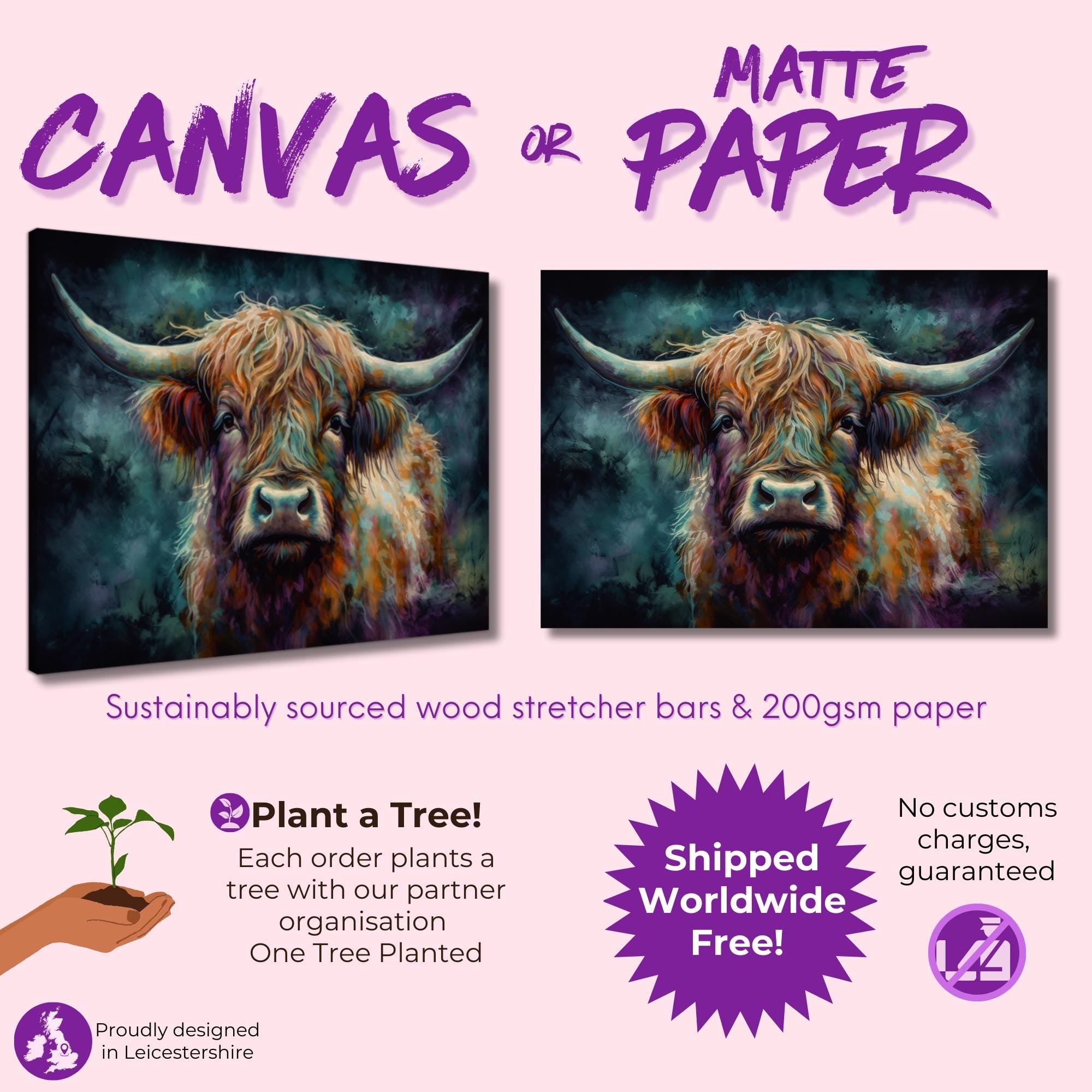Highland Cow Canvas / Poster Print. Colorful Shaggy Scottish Cow Painting, Colourful Multicolour Art, Unique Wall Decor Gift - CanvasityCrafts - Free Shipping