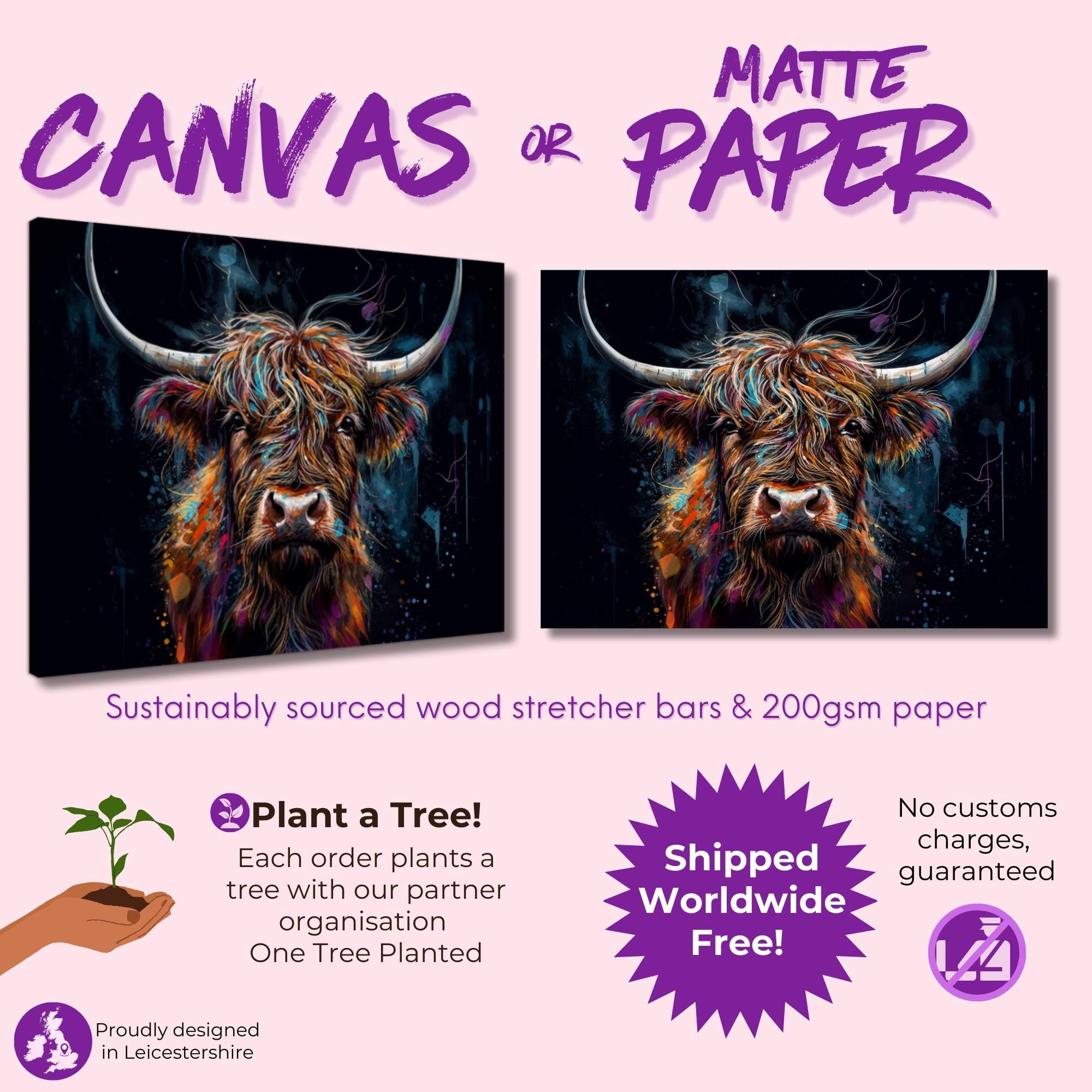 Highland Cow Canvas / Poster Print. Colorful Shaggy Scottish Cow Painting, Colourful Multicolour Art, Unique Wall Decor Gift - CanvasityCrafts - Free Shipping