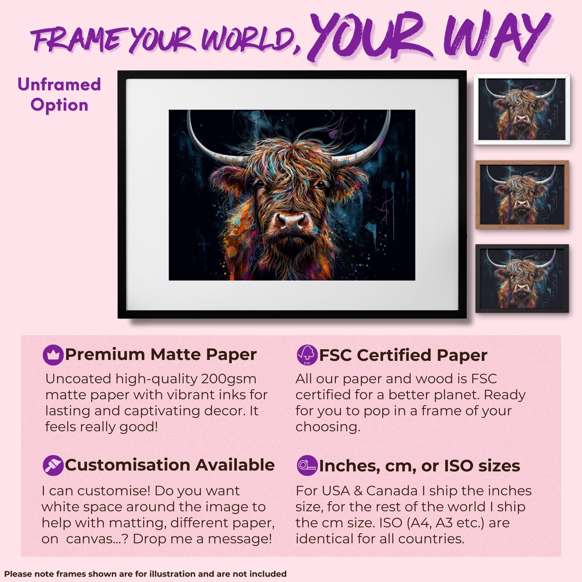 Highland Cow Canvas / Poster Print. Colorful Shaggy Scottish Cow Painting, Colourful Multicolour Art, Unique Wall Decor Gift - CanvasityCrafts - Free Shipping