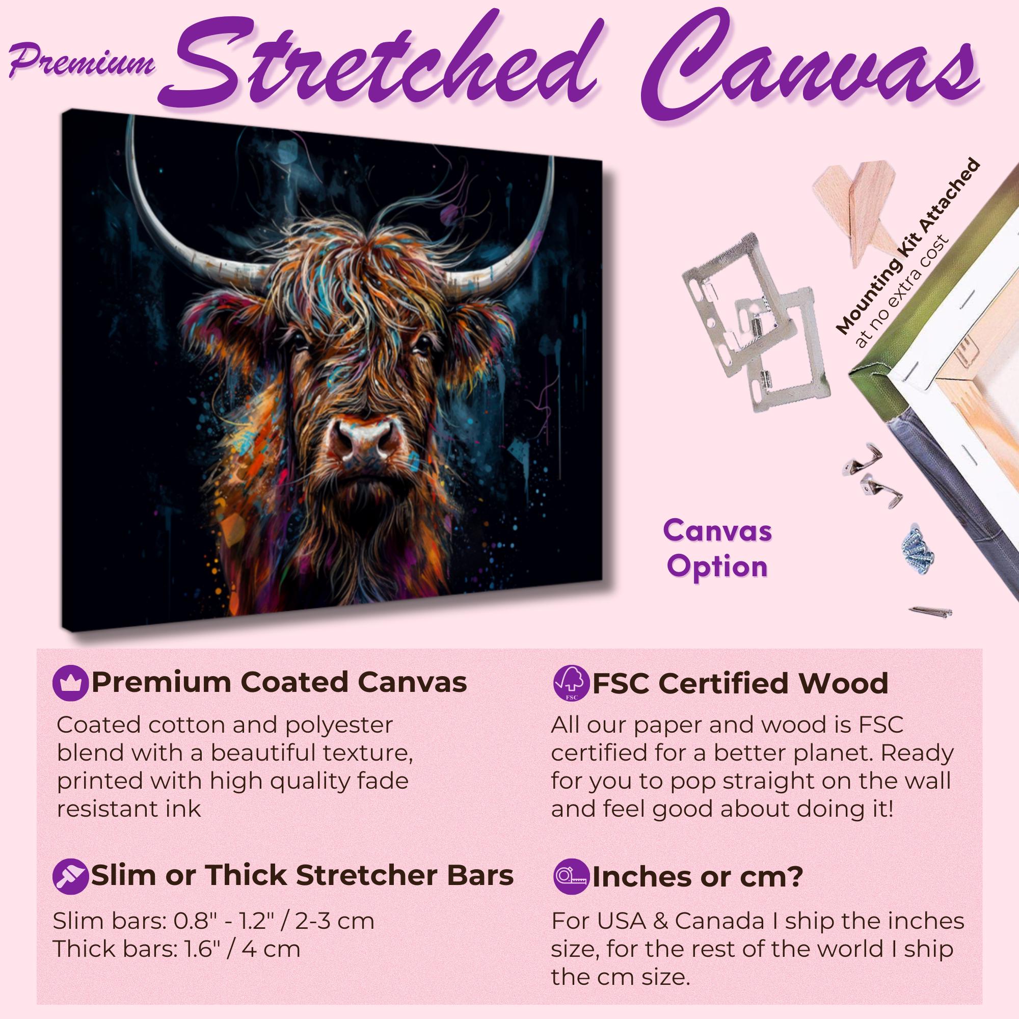 Highland Cow Canvas / Poster Print. Colorful Shaggy Scottish Cow Painting, Colourful Multicolour Art, Unique Wall Decor Gift - CanvasityCrafts - Free Shipping