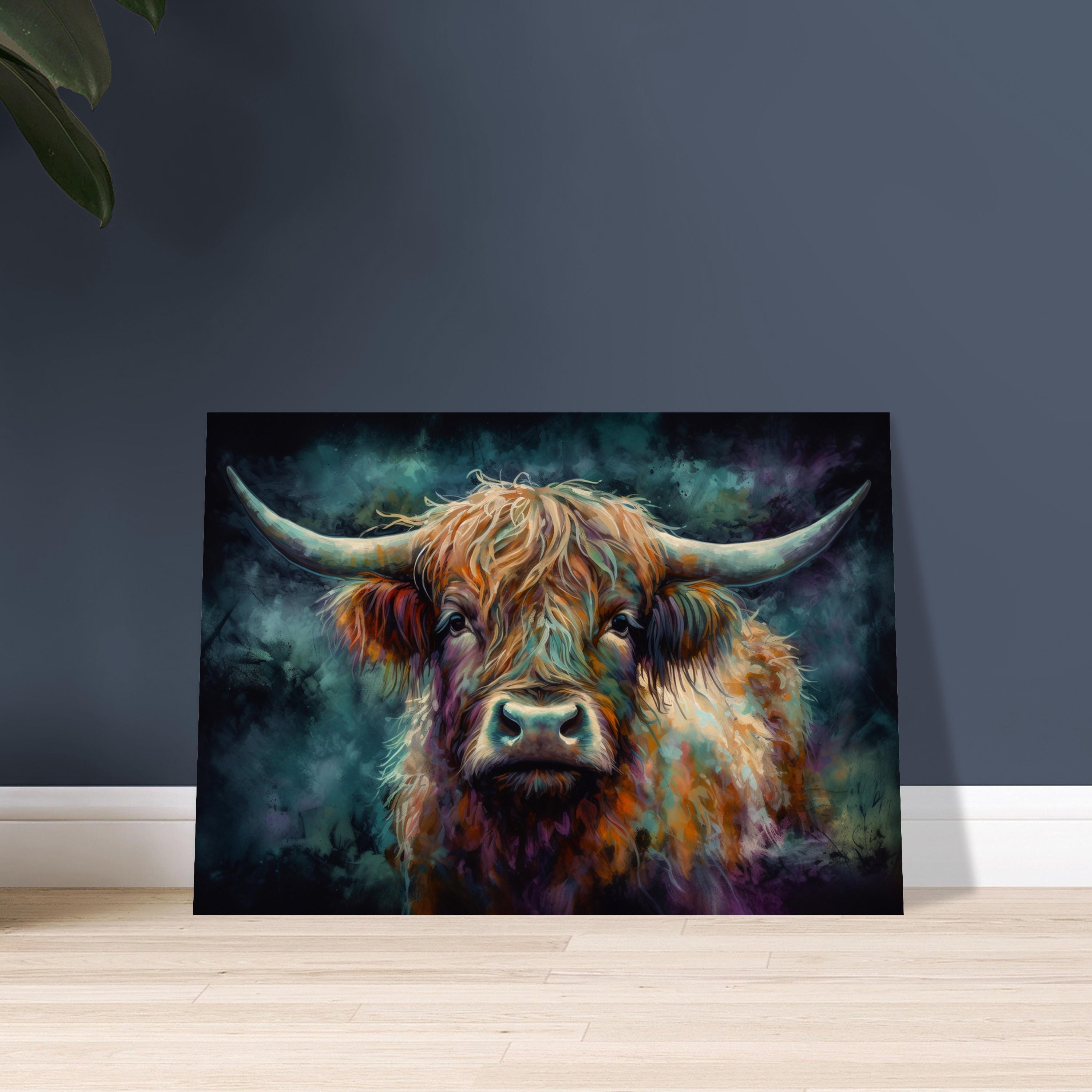 Highland Cow Canvas / Poster Print. Colorful Shaggy Scottish Cow Painting, Colourful Multicolour Art, Unique Wall Decor Gift - CanvasityCrafts - Free Shipping