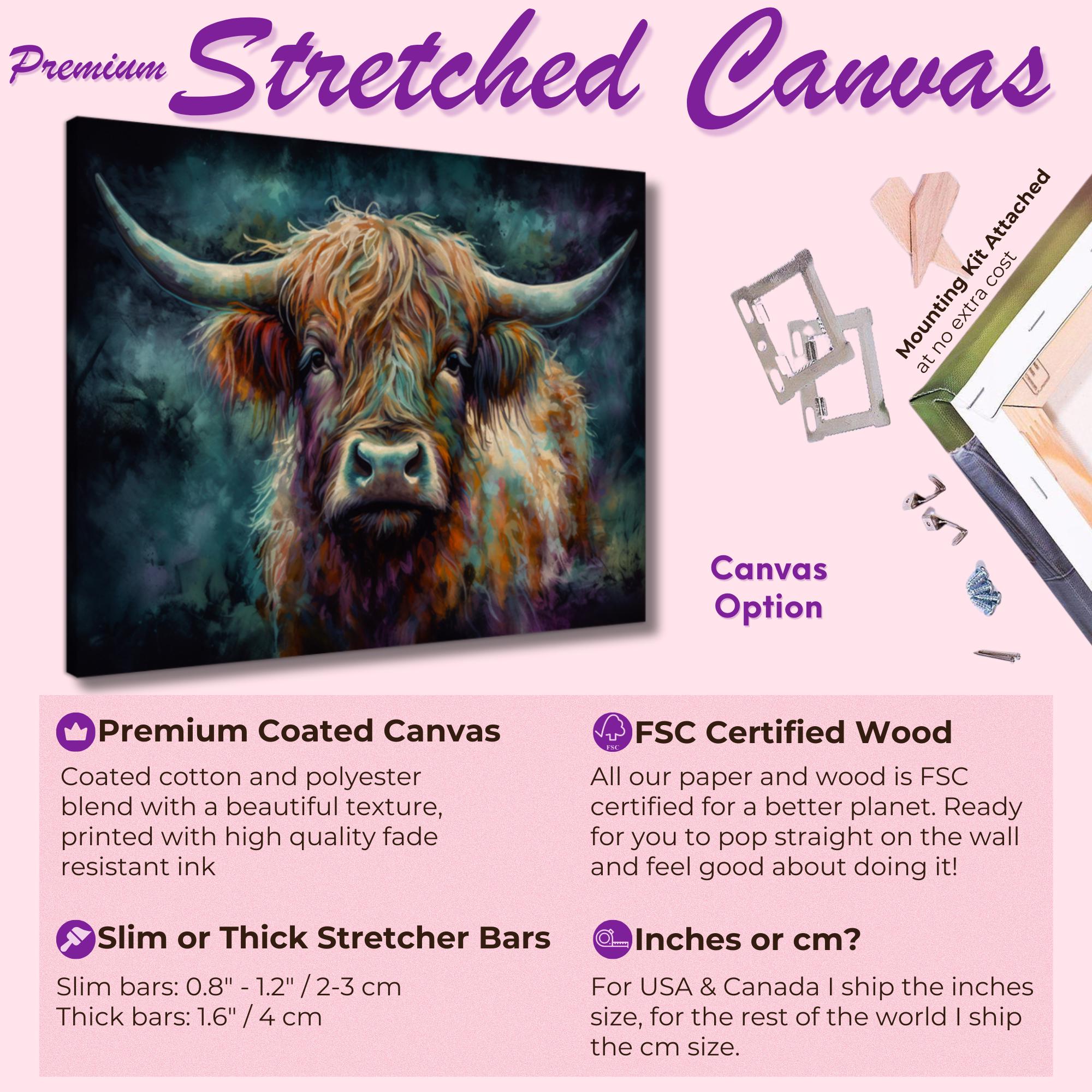 Highland Cow Canvas / Poster Print. Colorful Shaggy Scottish Cow Painting, Colourful Multicolour Art, Unique Wall Decor Gift - CanvasityCrafts - Free Shipping