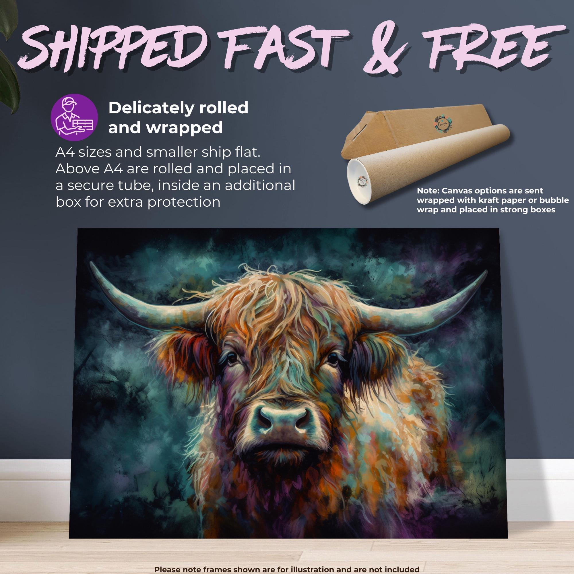 Highland Cow Canvas / Poster Print. Colorful Shaggy Scottish Cow Painting, Colourful Multicolour Art, Unique Wall Decor Gift - CanvasityCrafts - Free Shipping