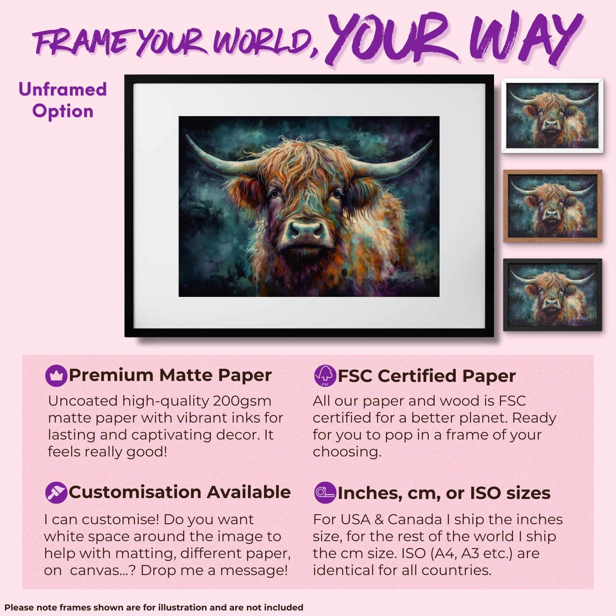 Highland Cow Canvas / Poster Print. Colorful Shaggy Scottish Cow Painting, Colourful Multicolour Art, Unique Wall Decor Gift - CanvasityCrafts - Free Shipping