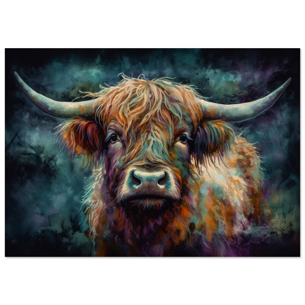 Highland Cow Canvas / Poster Print. Colorful Shaggy Scottish Cow Painting, Colourful Multicolour Art, Unique Wall Decor Gift - CanvasityCrafts - Free Shipping