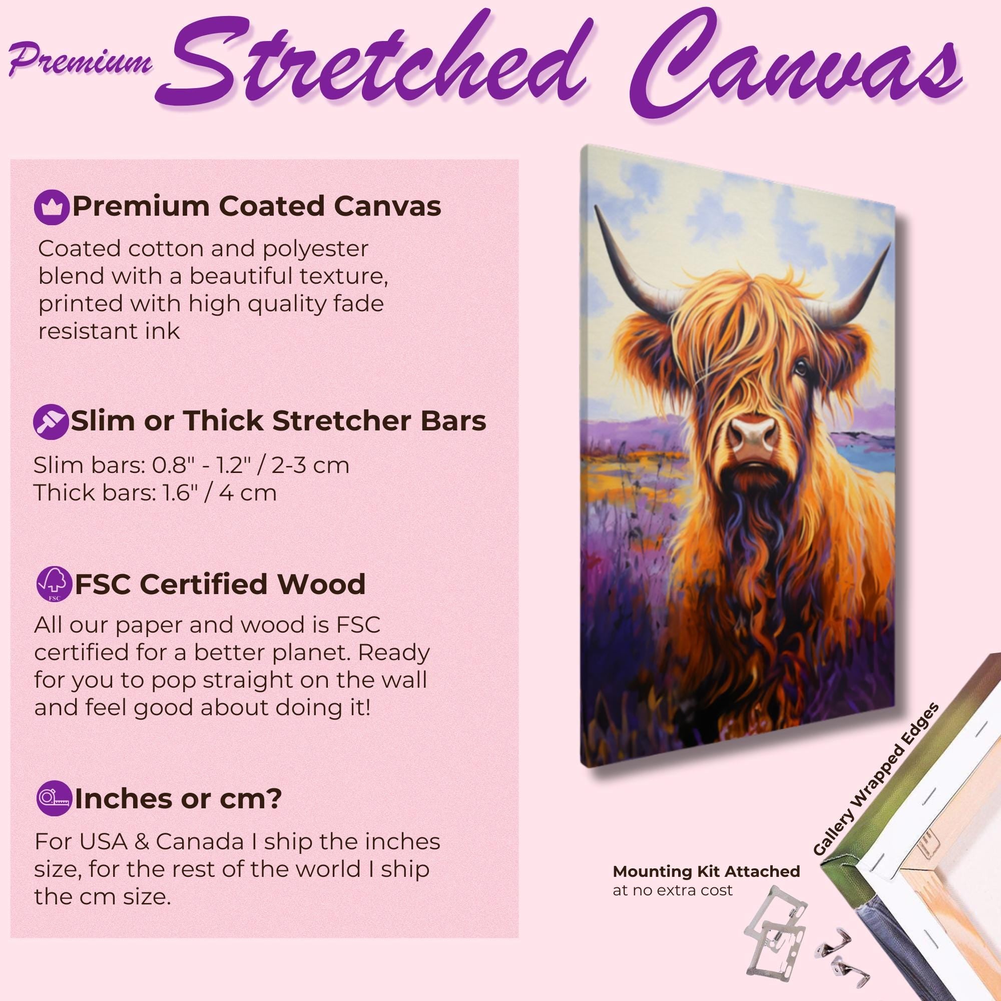 Highland Cow Canvas / Unframed Poster Print. Lavender Oil Painting Wall Decor Gift for Farmers Abstract Scottish Shaggy Cow Farm Art Picture - CanvasityCrafts - Free Shipping