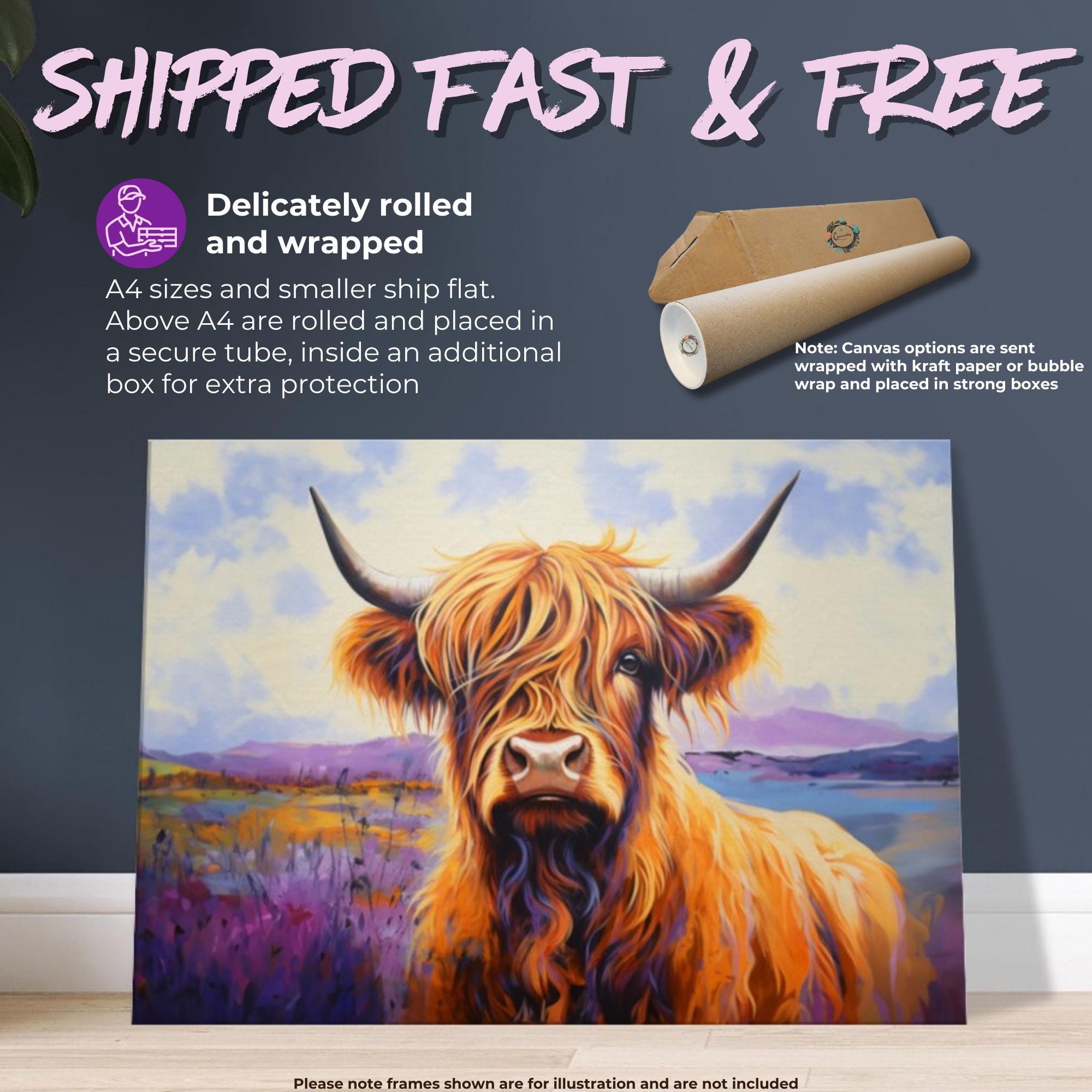 Highland Cow Canvas / Unframed Poster Print. Lavender Oil Painting Wall Decor Gift for Farmers Abstract Scottish Shaggy Cow Farm Art Picture - CanvasityCrafts - Free Shipping