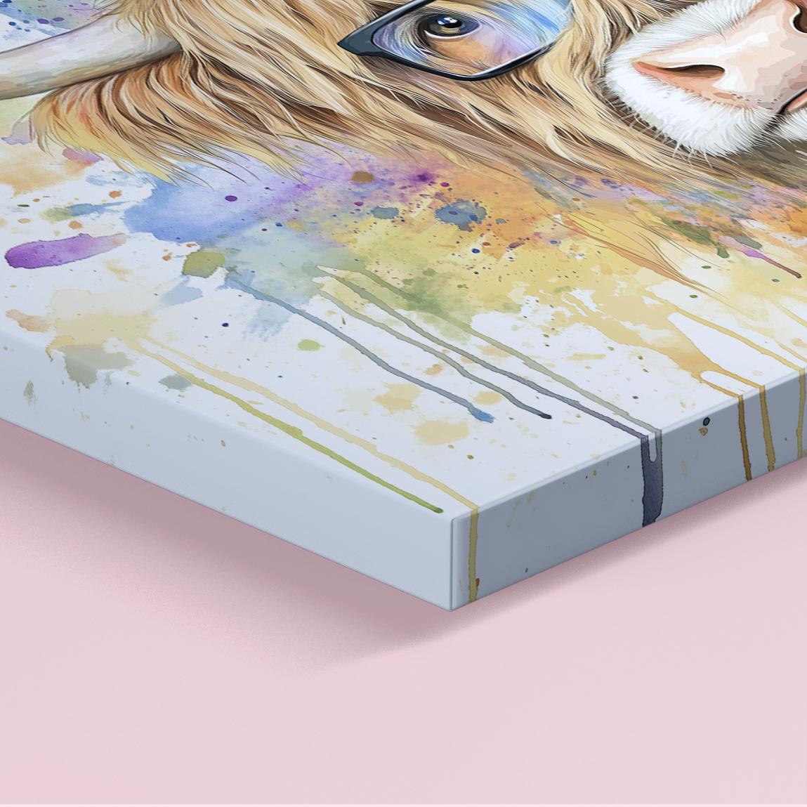 Highland Cow with Glasses Canvas / Poster Print. Watercolour Paint Splash Wall Decor Gifts Scottish Shaggy Cow Painting Farm Animal Farmer - CanvasityCrafts - Free Shipping