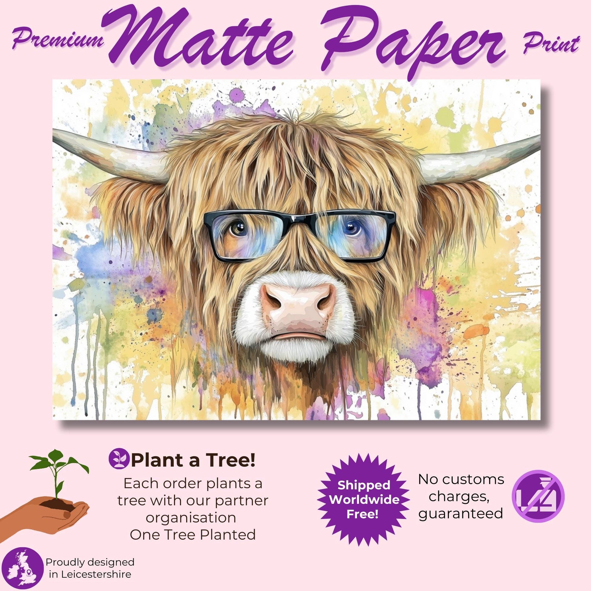 Highland Cow with Glasses Canvas / Poster Print. Watercolour Paint Splash Wall Decor Gifts Scottish Shaggy Cow Painting Farm Animal Farmer - CanvasityCrafts - Free Shipping