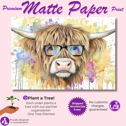 Highland Cow with Glasses Canvas / Poster Print. Watercolour Paint Splash Wall Decor Gifts Scottish Shaggy Cow Painting Farm Animal Farmer - CanvasityCrafts - Free Shipping
